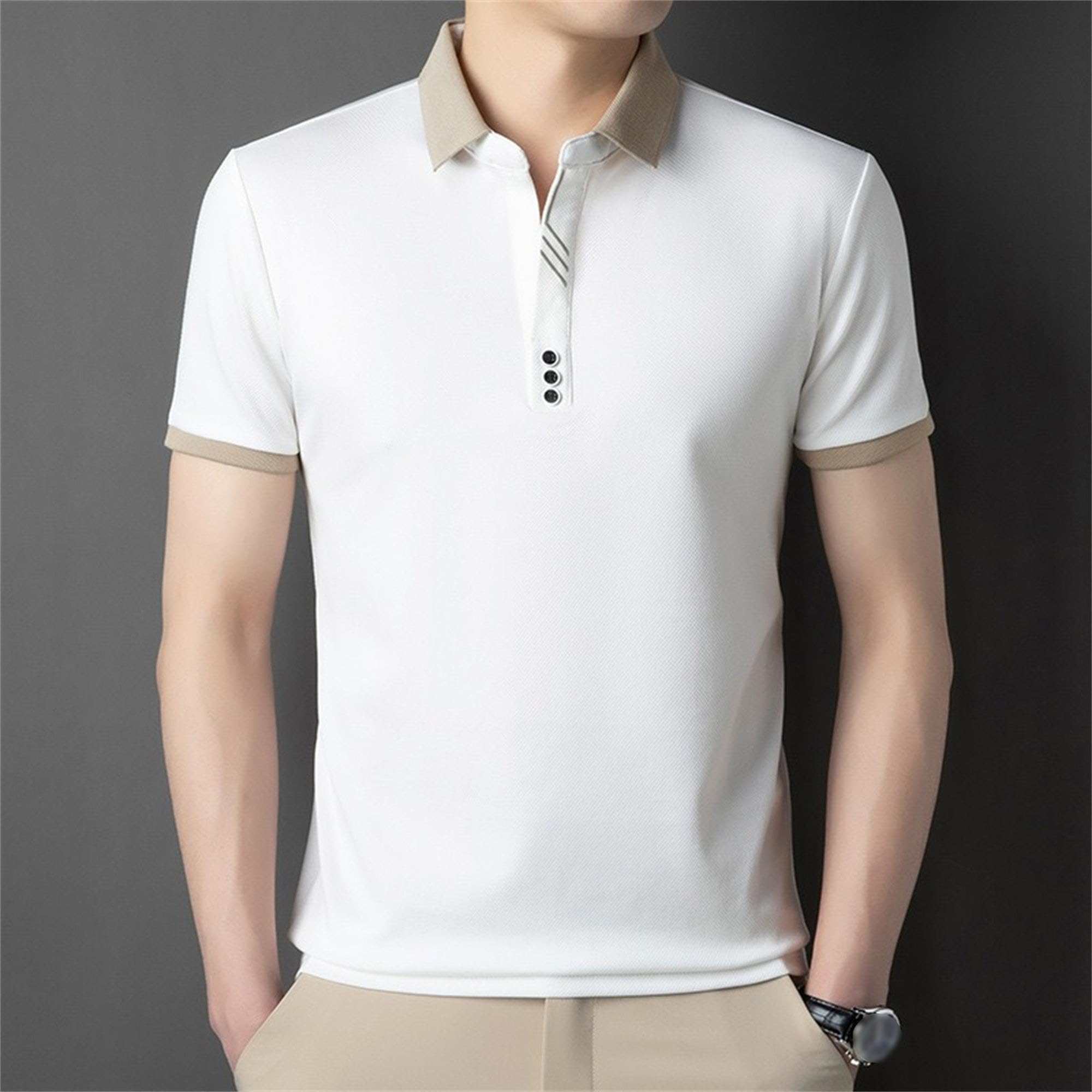 Men Casual Breathable Business T Shirt Classic Solid Trendy Lapel Polo Shirts Summer Quarter Button Pullover Tops (White,3X-Large)