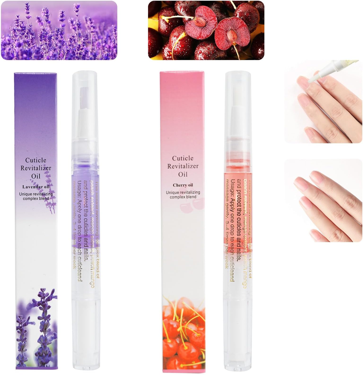 2PCS Cuticle Oil Pens for Nail Care,Cuticle Revitalizer Oil Pen with Soft Brush,Cuticle Oil to Prevent Nail Cracking and Dry (Cherry & Lavender Flavor)