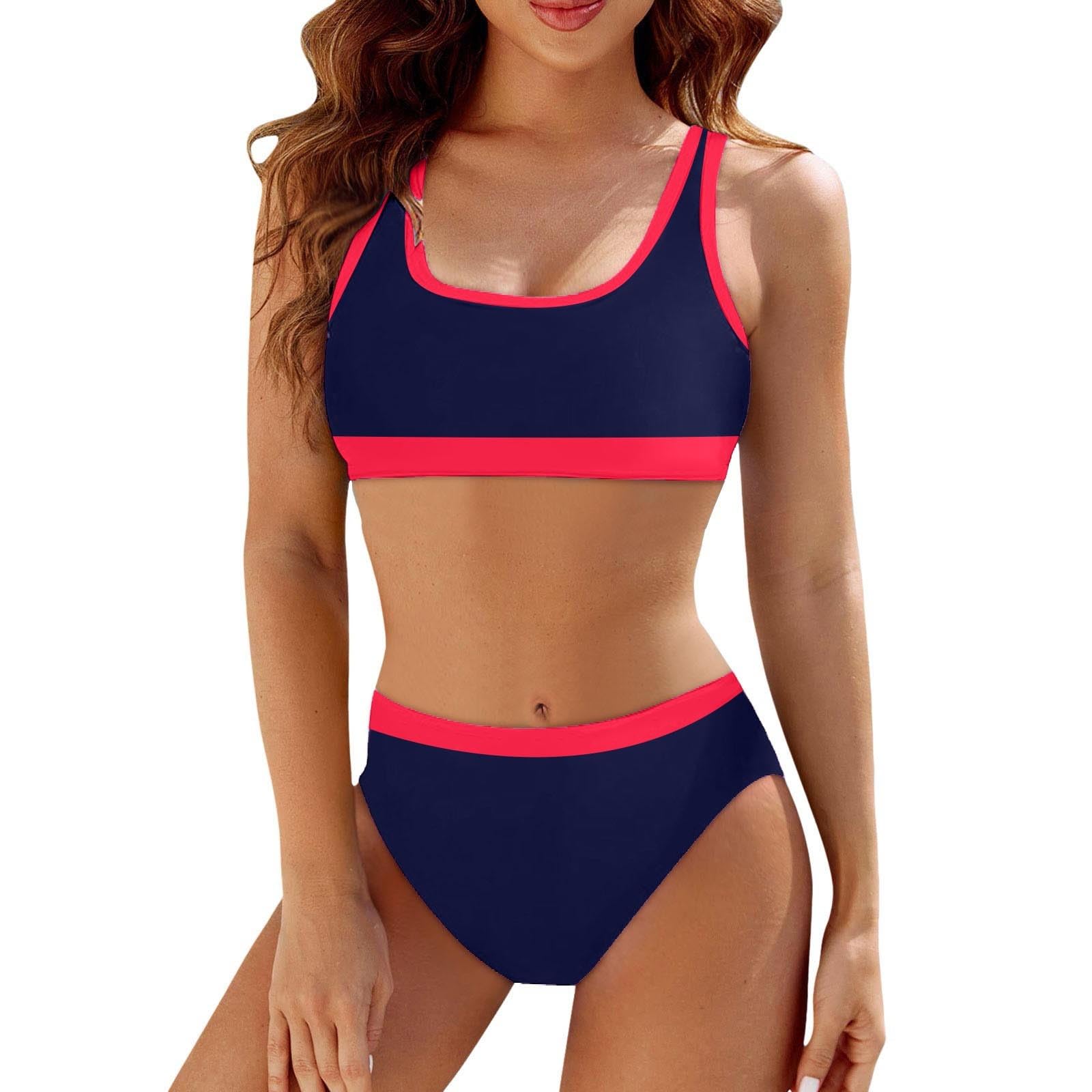 JISOUKIN Traje de Baño Bikini Dos Piezas para Mujer Push Up Patchwork de Rayas Deportivo Cintura Alta Secado Rápido Control de Vientre, Bañador Reductor Conjunto de Verano S-XXL