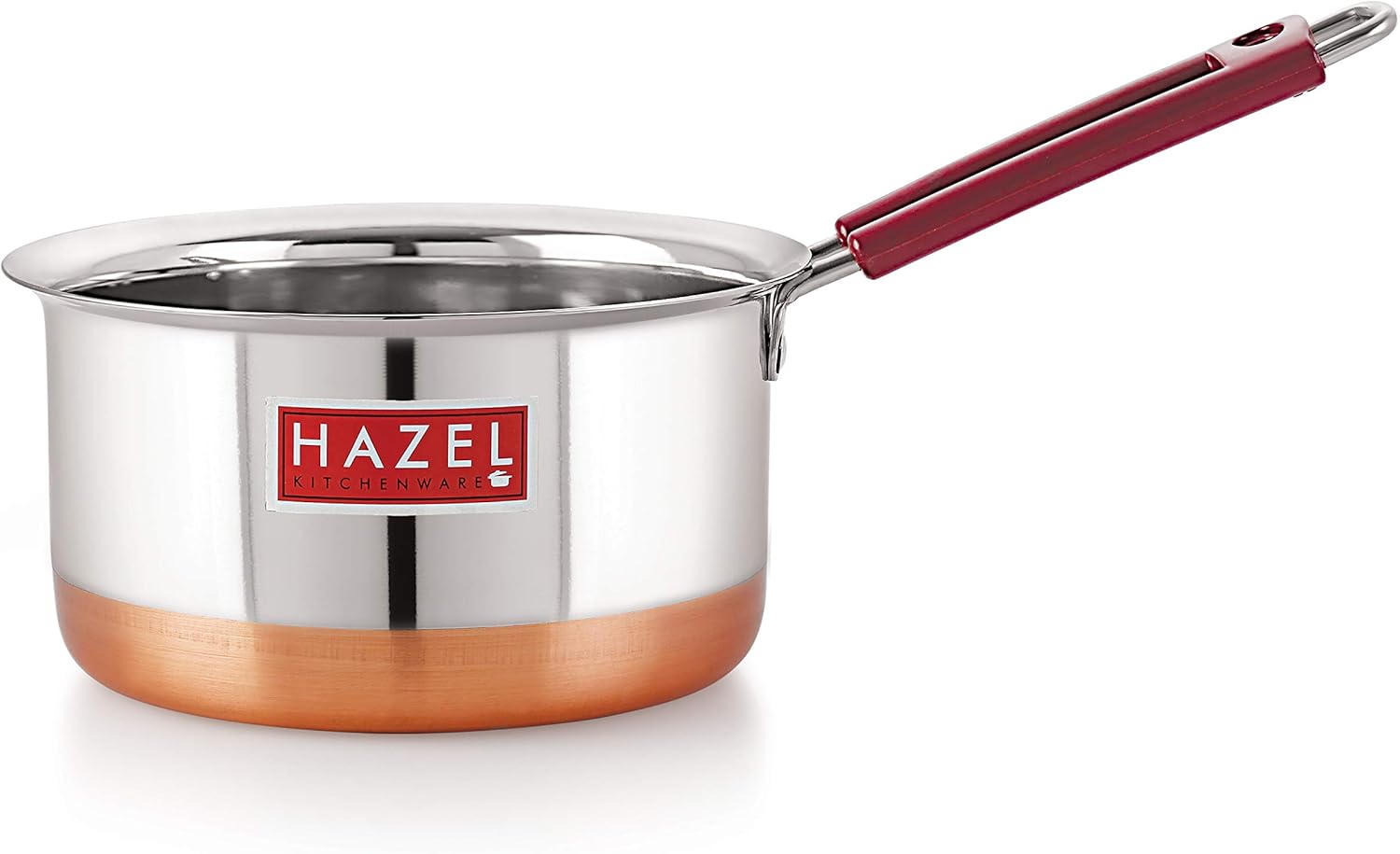 HAZEL Stainless Steel Milk Saucepan Copper Bottom Tea Pan with Fixed Rubber Grip Handle, 1900 ML, Silver