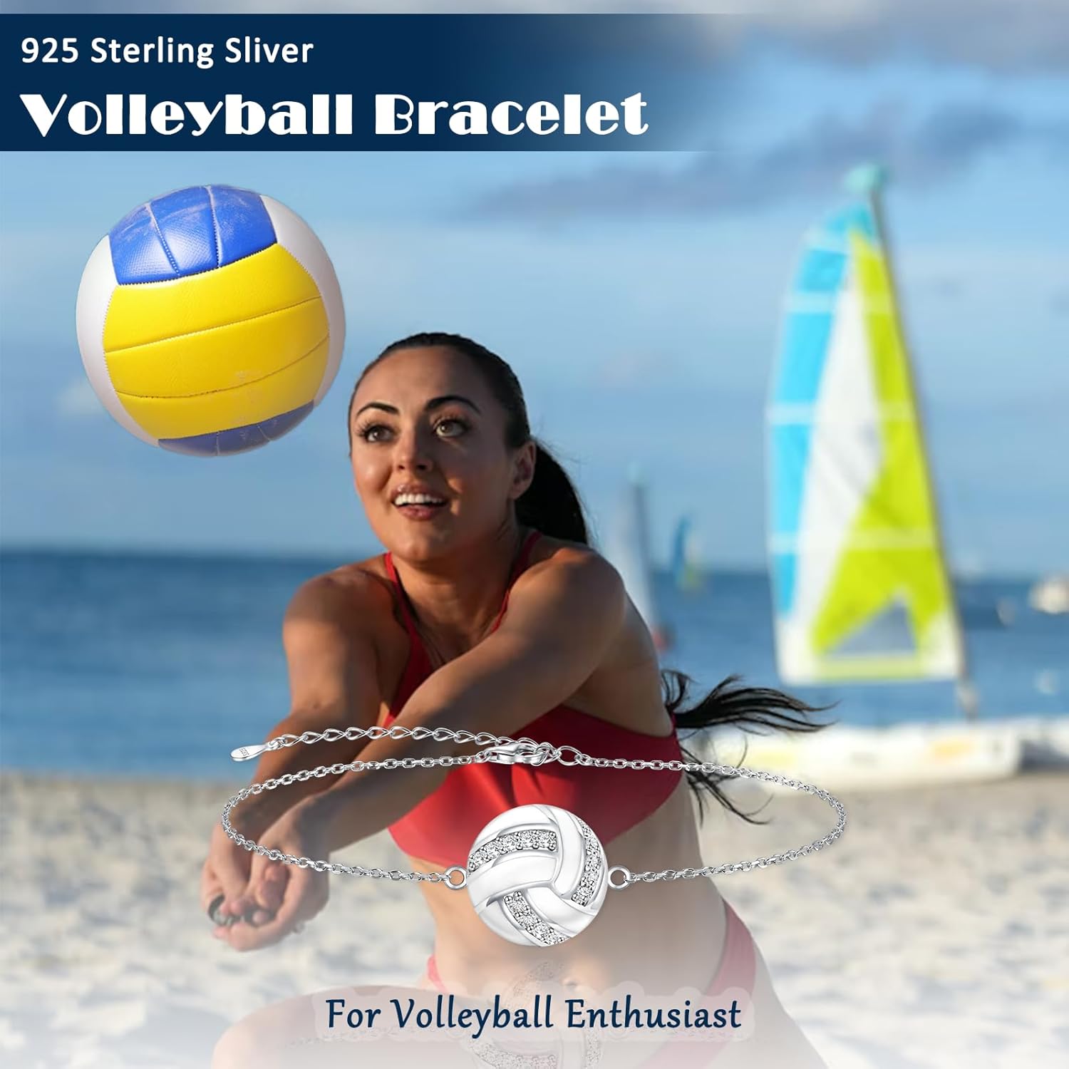 Sport Bracelet for Sports Enthusiast - 925 Sterling Silver Hypoallergenic Adjustable Volleyball/Soccer/Softball Sports Bracelet for Fans Christmas Gifts Jewelry for Women Players
