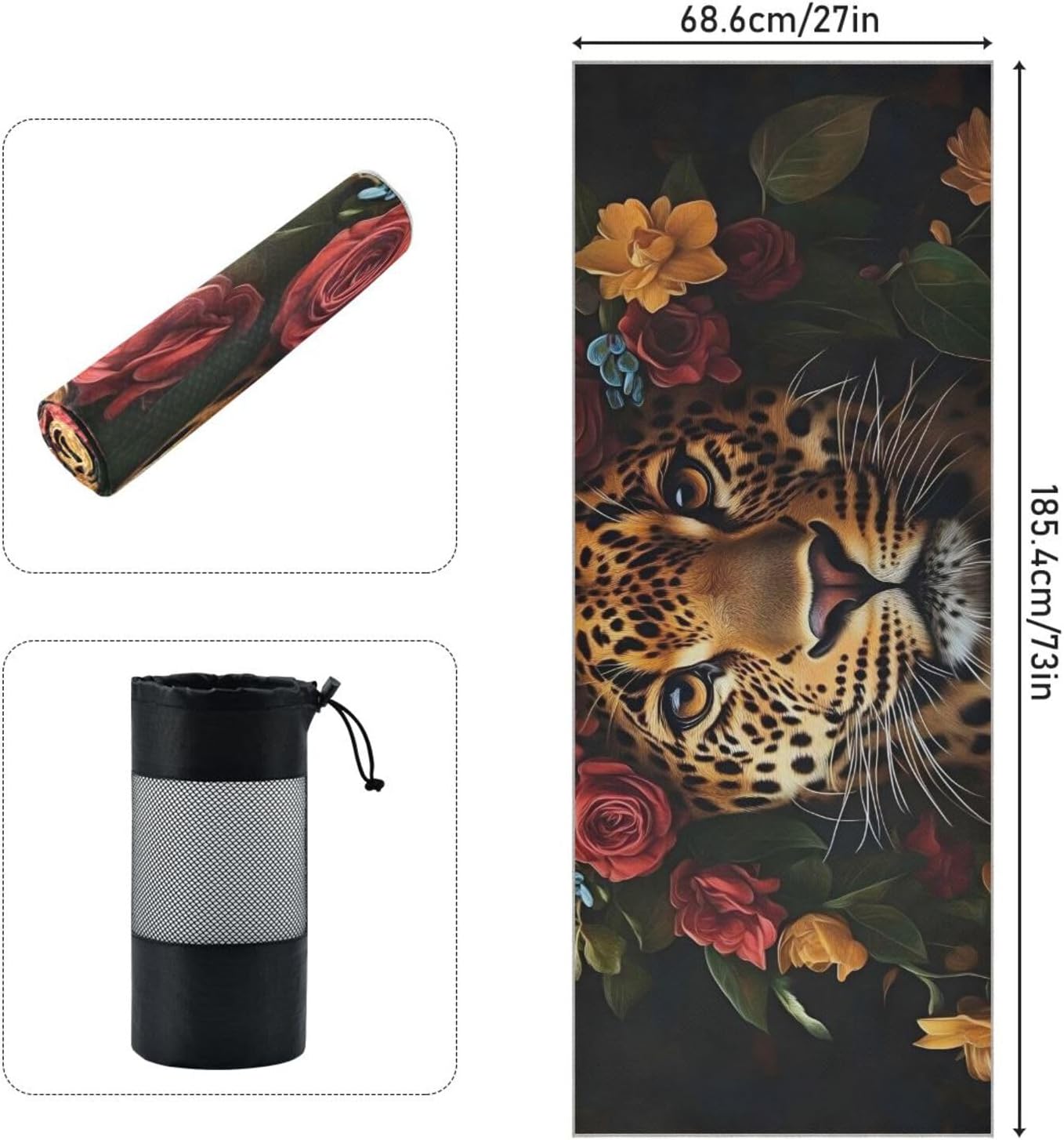 Yoga Mat Towel with Silicone Grip Dot Leopard Garland Flower Black – 73"x27" Non-Slip Sweat Absorbent Microfiber Yoga Towel for Home Gym Studio