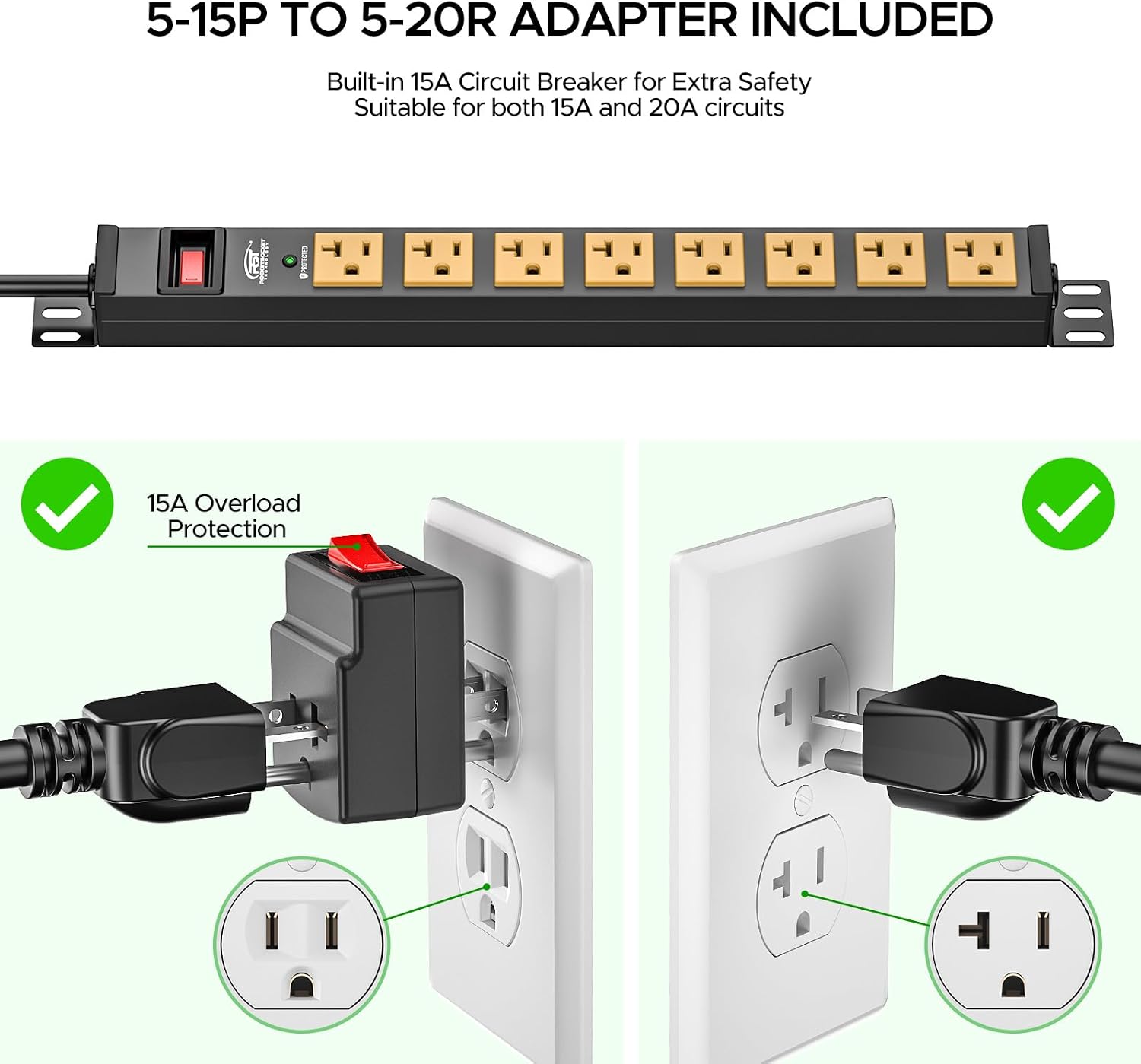 CRST 20 Amp Heavy Duty Power Strip, 8-Outlet Metal Surge Protector 2100J, True 20A Internal Wiring &12AWG 6FT Cord, ETL Listed, Wall Mount for 19" Rack,Garage,Kitchen...Includes 5-15P to 5-20R Adapter