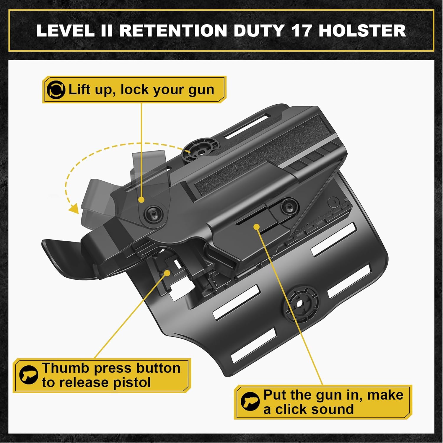 Level II Drop Leg Holster, Right Hand, Black - Glock 17, 19, 19X, 22, 23, 32, 44, 45 - OWB Paddle Holster with Adjustable Retention and Thumb Release