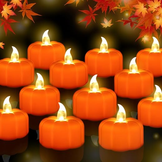 Halloween Pumpkin Tea Lights Decorations Fall Decor, 12 Pack LED Orange Pumpkin Lights Flameless Candles Battery Operated, Thanksgiving Flickering Tealight Candle for Home Table Indoor Party Decor