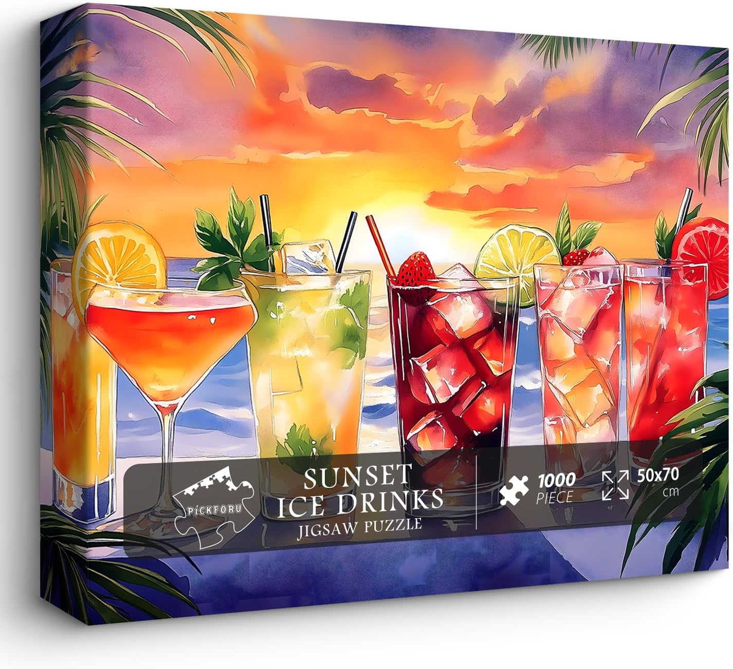 Summer Beach Puzzles for Adults 1000 Pieces, PICKFORU Colorful Seaside Holiday Jigsaw Puzzles Sunset Scene, Impossible Challenging Rainbow Drinks Theme as Home Decor