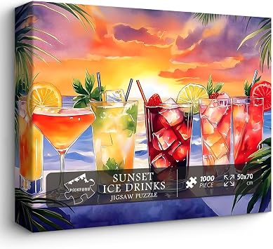Summer Beach Puzzles for Adults 1000 Pieces, PICKFORU Colorful Seaside Holiday Jigsaw Puzzles Sunset Scene, Impossible Challenging Rainbow Drinks Theme as Home Decor