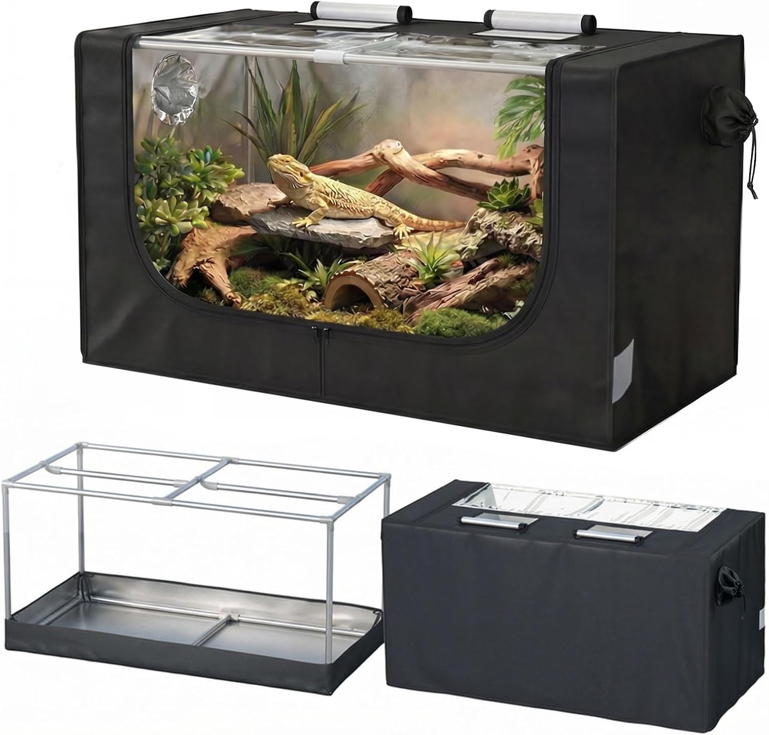 Large Reptile Enclosure Tent, 4 x 2 x 2 ft (48 x 24 x 24 Inch) Habitat with Insulated Cover & Stainless Steel Frame, Dual 4" Accessory Ports for Bearded Dragon, Lizard, Gecko & Chameleon