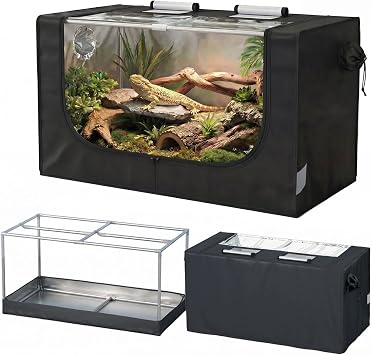 Large Reptile Enclosure Tent, 4x2x2 ft 48 x 24 x 24 Inch Habitat | with Insulated Cover & Stainless Steel Frame, Dual 4" Accessory Ports for Bearded Dragon, Lizard, Gecko & Chameleon