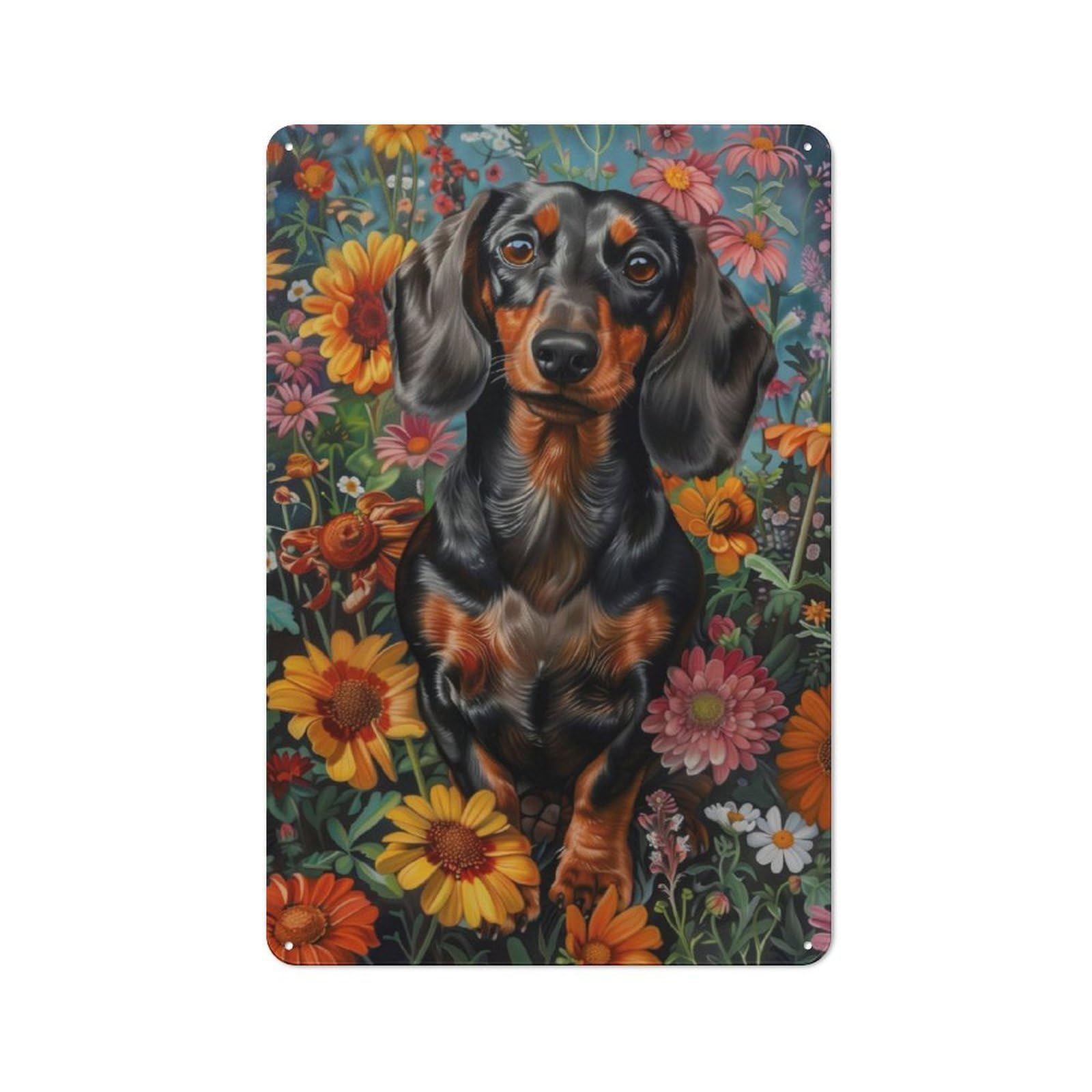 Junmoney Floral Dachshund Portrait Vintage Tin Sign 30X20cm With For Man Cave Or Games Room, For Games Room Collectors