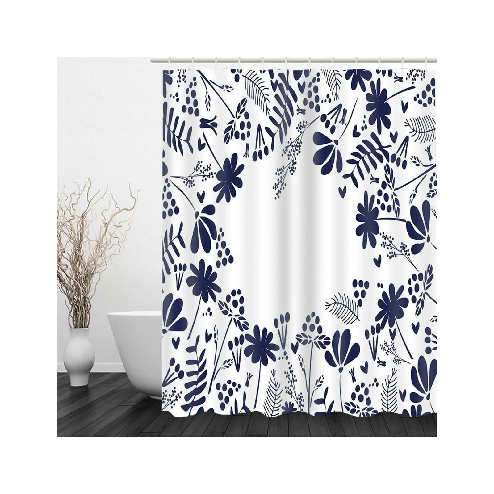 Rideau de douche en textile bleu foncé motif floral haut de gamme