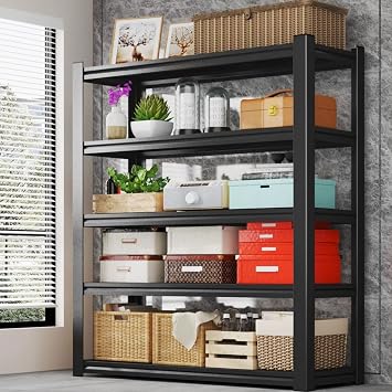 48W Garage Shelving 2500LBS Heavy Duty Storage Shelves 72H Adjustable 5 Tier Metal Shelving for Garage Storage Rack Industrial Shelves Utility Shelf, 47W X 72.2H X 19.69D, Black Bl