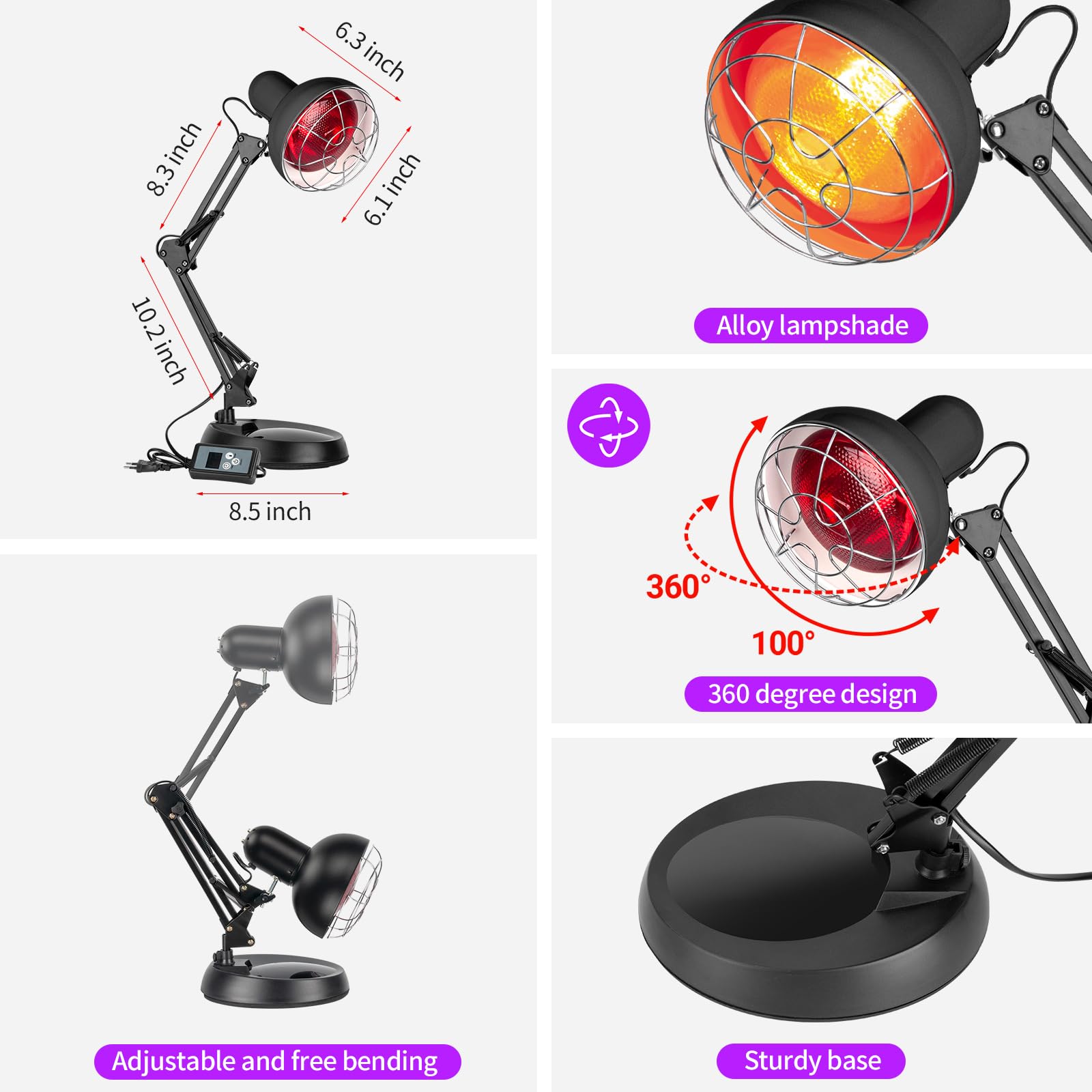 Cozion Lampada Infrarossi 100 Watt, Lampada a Infrarossi Riscaldante - 10 Temperature Regolabili, Luce a Riscaldante per Alleviare i Dolori, Luce Rossa Termica per Uso Domestico con Supporto e Timer
