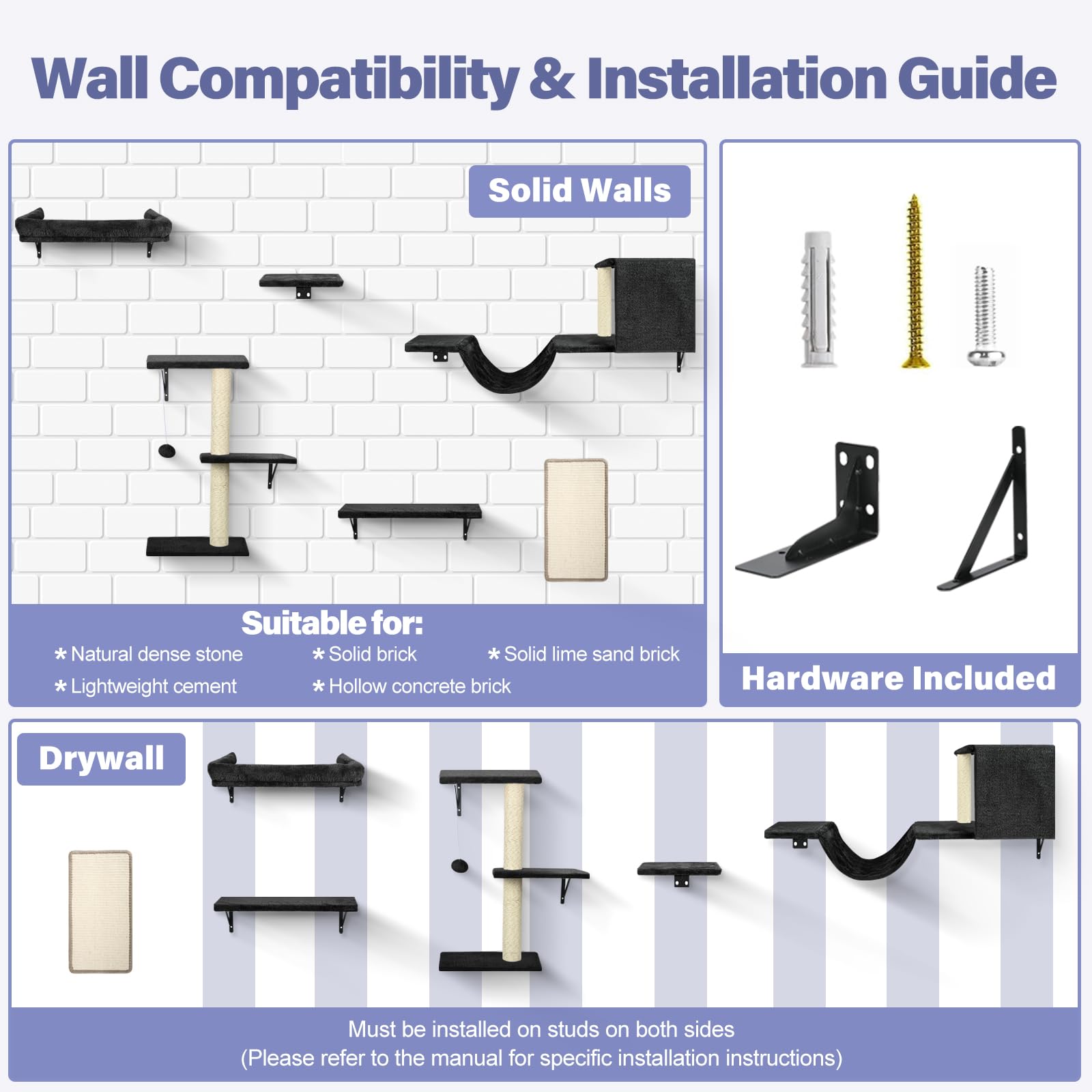 Fopetfy Cat Wall Shelves, Stable & Safe 6 in 1 Cat Furniture Set Black, for Cats to Climb, Hide, Lounge, and Scratch - image 5