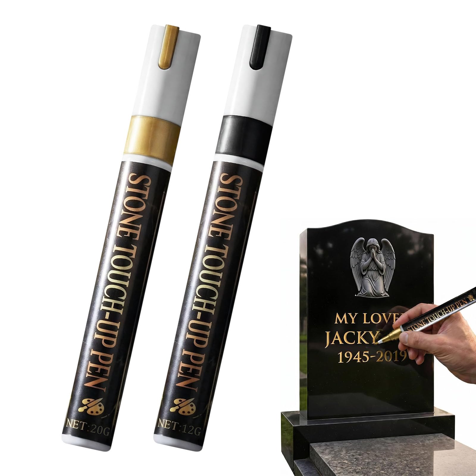 Yirrmiwn 2 Pcs Headstone Paint Pen for Graves Black and Gold, Weather Resistant Tombstone Marker Pen for Long Lasting Repair
