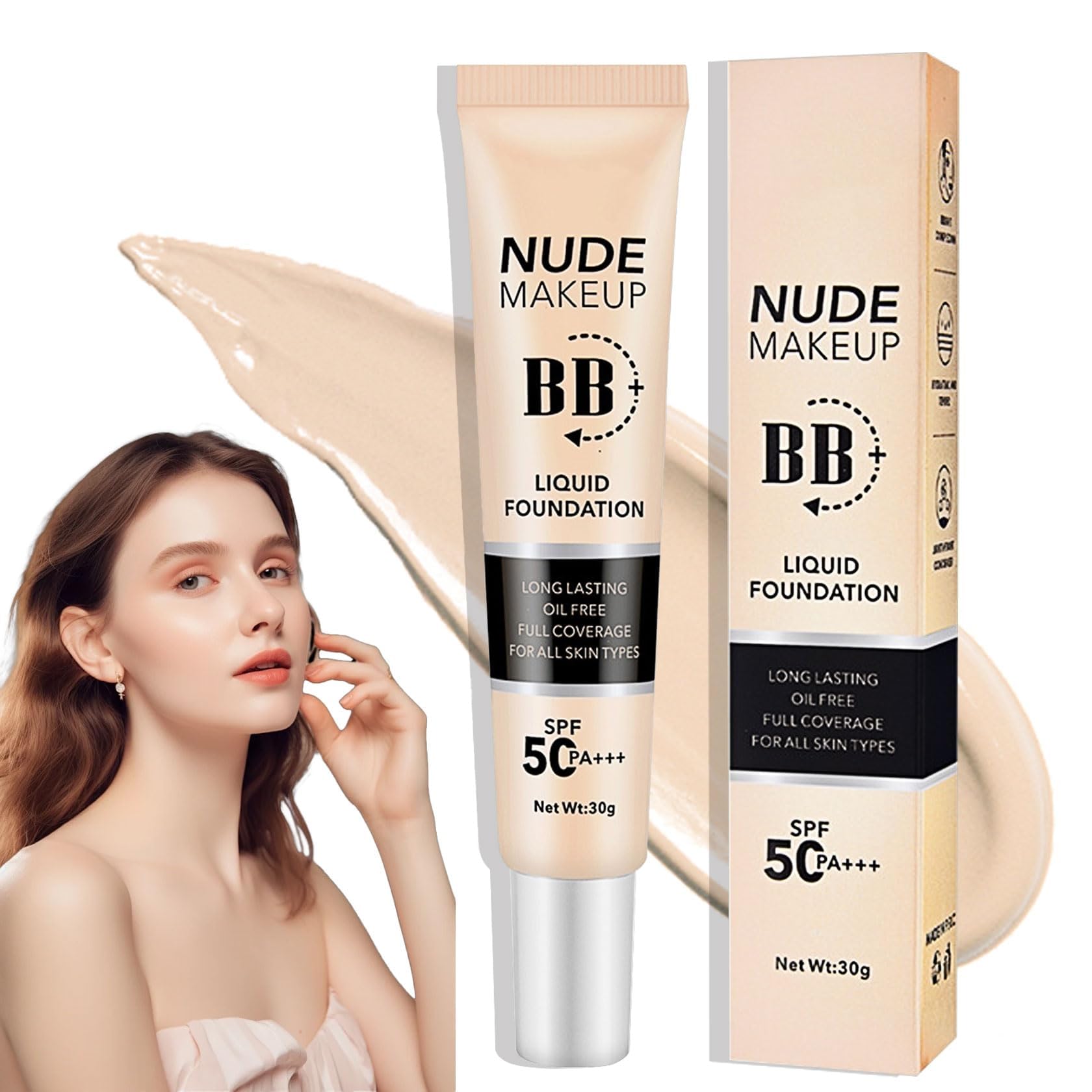 AzoneeHydrating BB Cream with SPF 50+ PA++++,Waterproof Flawless Concealer Full Coverage BB Cream, Long Lasting Moisturizing Full Coverage Liquid Foundation, All-Day Hold, All Skin Types (Ivory)