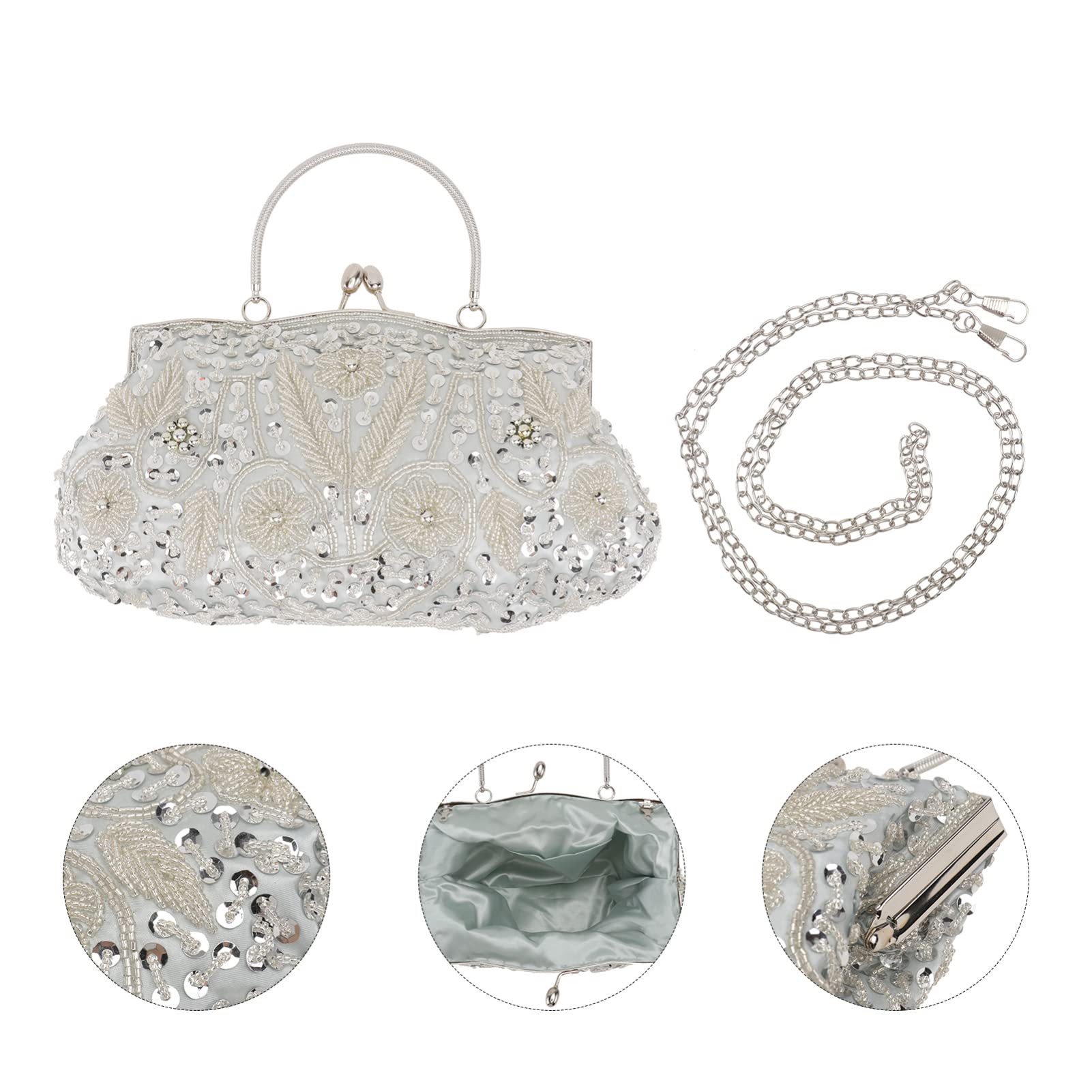 VALICLUD Vintage Damen Partytasche aus Canvas mit Blumenstickerei, Silber