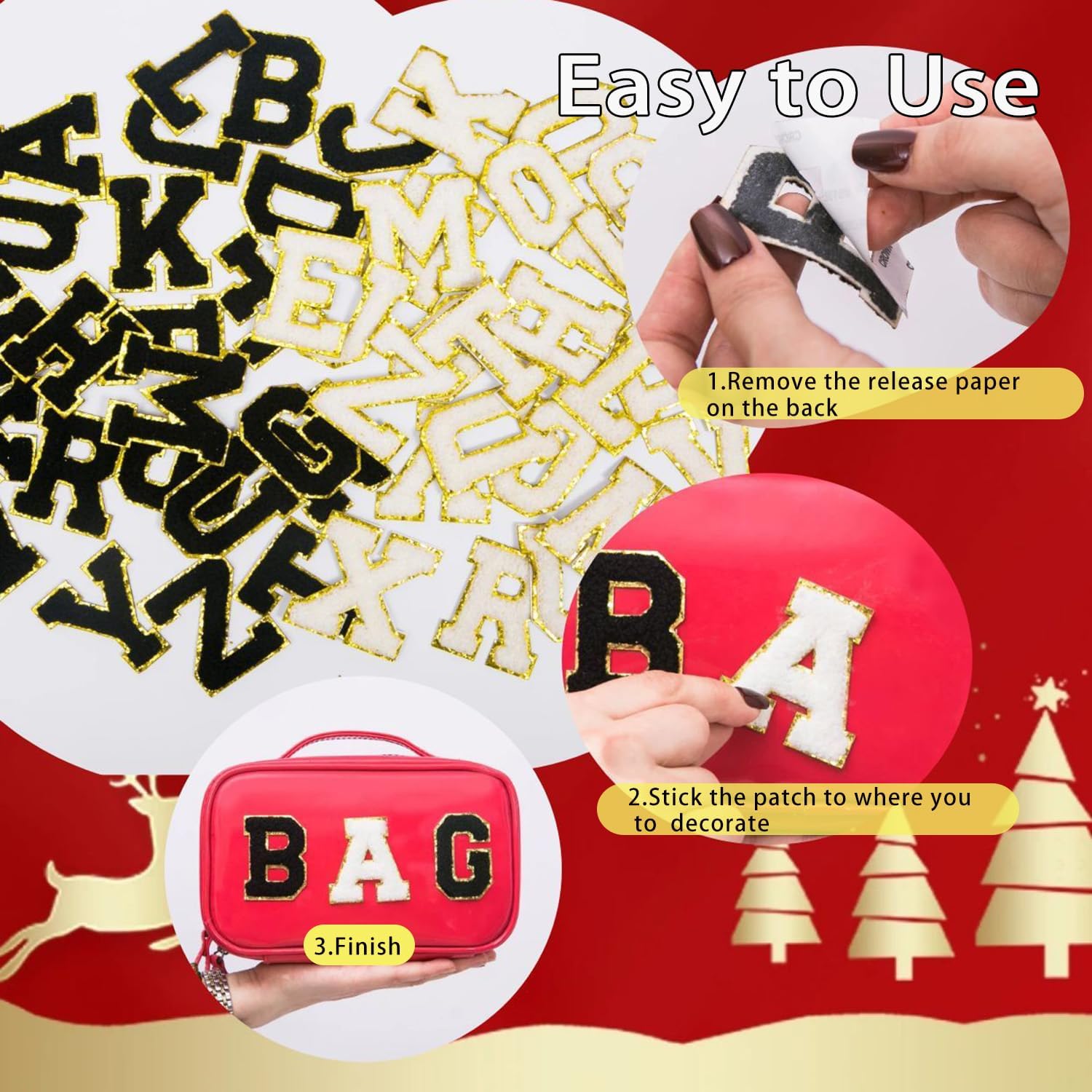52pcs White & Black Chenille Letter Patches A-Z - Gold Trim Varsity Self-Adhesive Appliques for Jackets, Hats, Jeans & DIY Magic