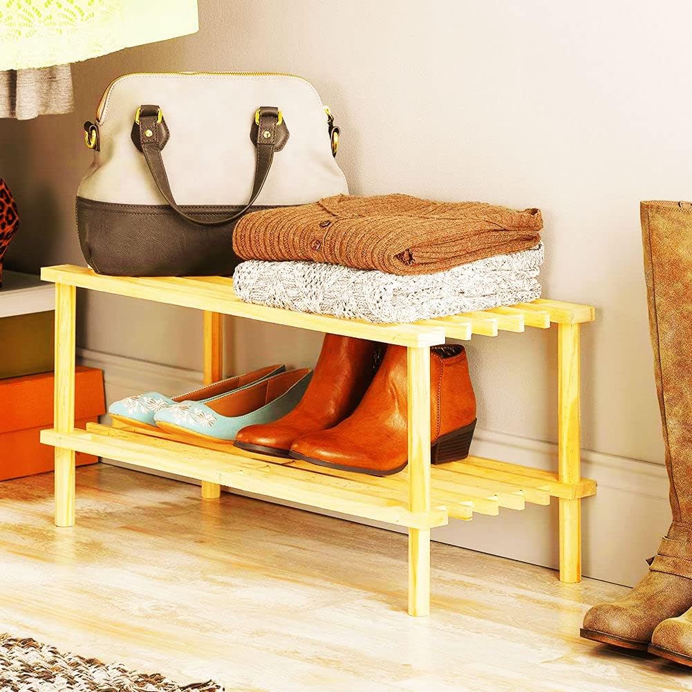 Wood 2-Tier Shoe Rack Stackable Shoe Shelf Storage Organizer for Entryway, Hallway and Closet, Natural