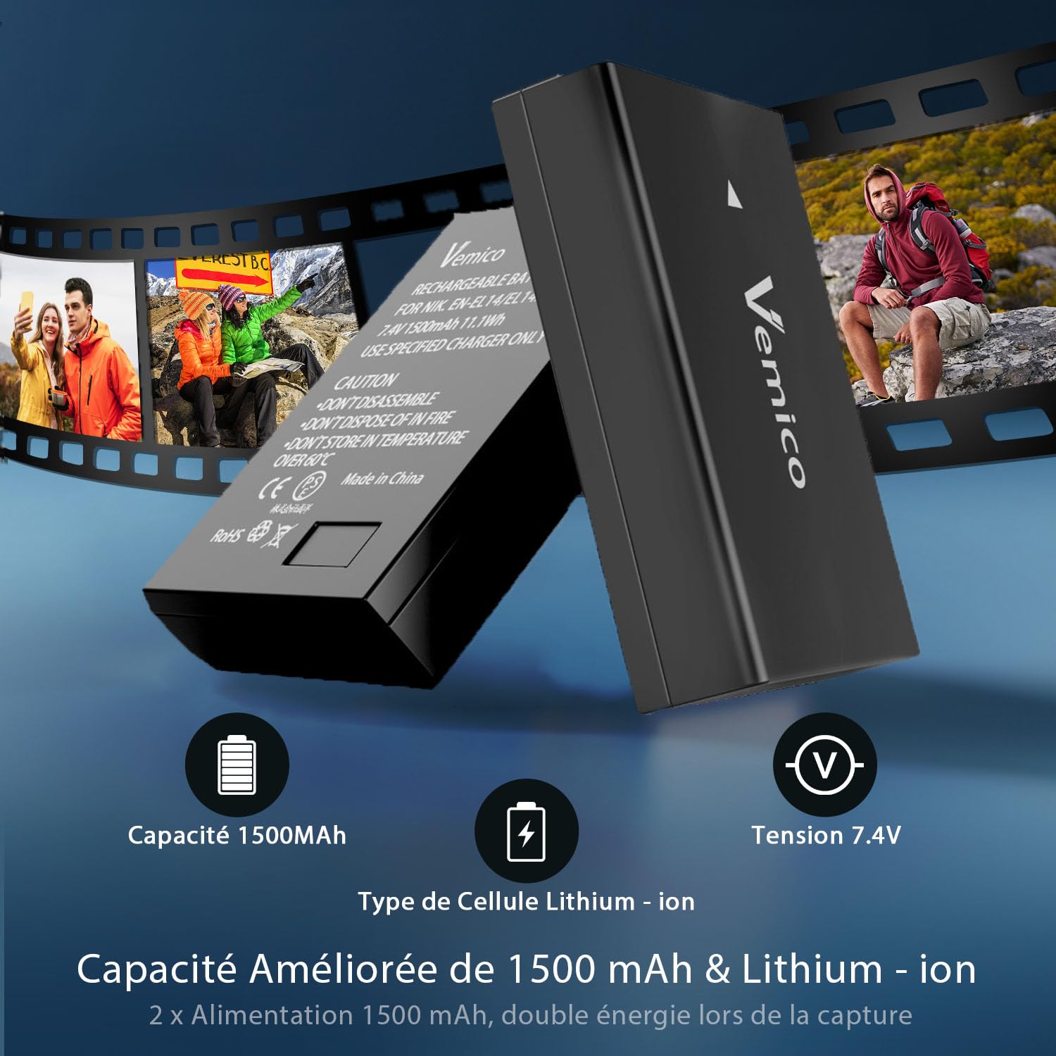 Kit Batterie Vemico EN-EL14 - 2 Batteries 1500mAh + Chargeur Double LCD Type-C - Pour Nikon D3x00, D5x00, Coolpix