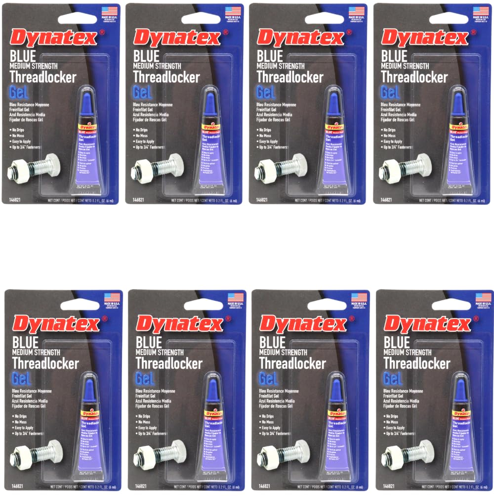 Dynatex Blue Medium Strength Gel Threadlocker 0.20 oz Bottle - Removable with Hand Tools, Locks Fasteners on Metal, Vibration Resistant, Solvent Resistant (8-Pack)