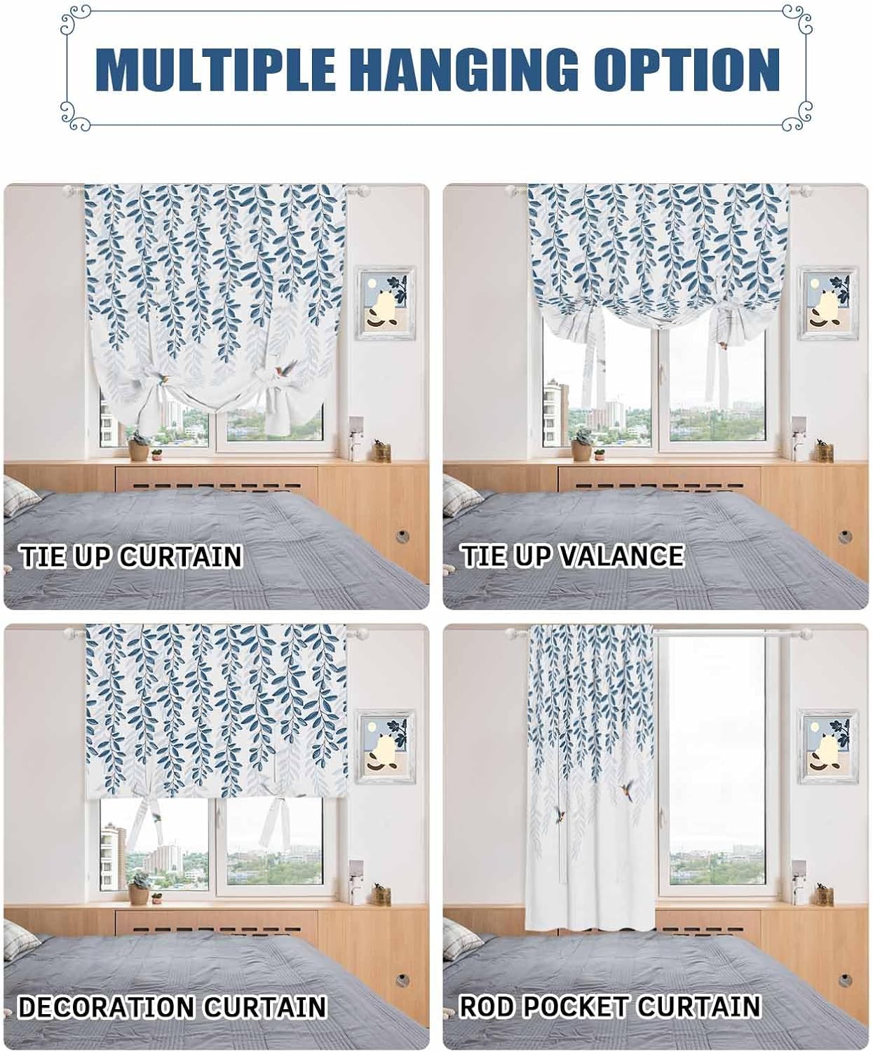 Tie Up Curtains Tie Up Window Shade, Blue Leaves Plant Leaf Bird Adjustable Balloon Curtains Blackout Tie Up Curtains for Windows Rod Pocket Panel, 42" W x 63" L