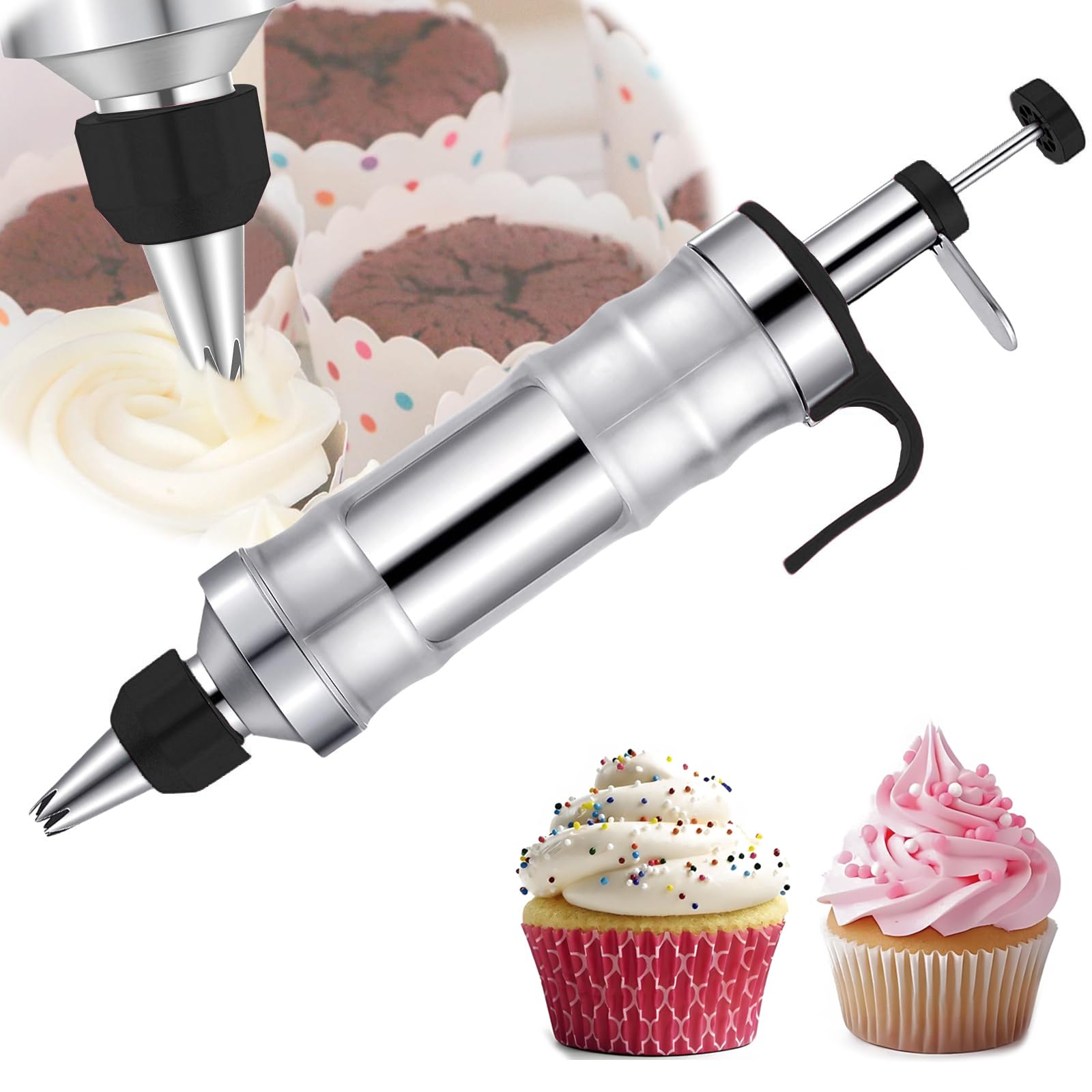 Qxiao Black Dessert Decorating Syringe Set Stainless Steel Durable Icing Piping Syringe Kit Professional Piping Icing Syringes 9Pcs Set Stainless Steel Frosting Baking Tool Accessory For Diy Baking Cake Cookie