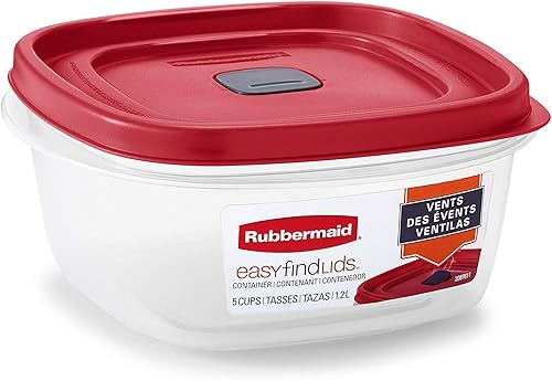 Miniatura 2 de Rubbermaid Easy Find Lid - Recipiente cuadrado de almacenamiento de alimentos para 5 tazas (paquete de 3), color rojo (ventilado)