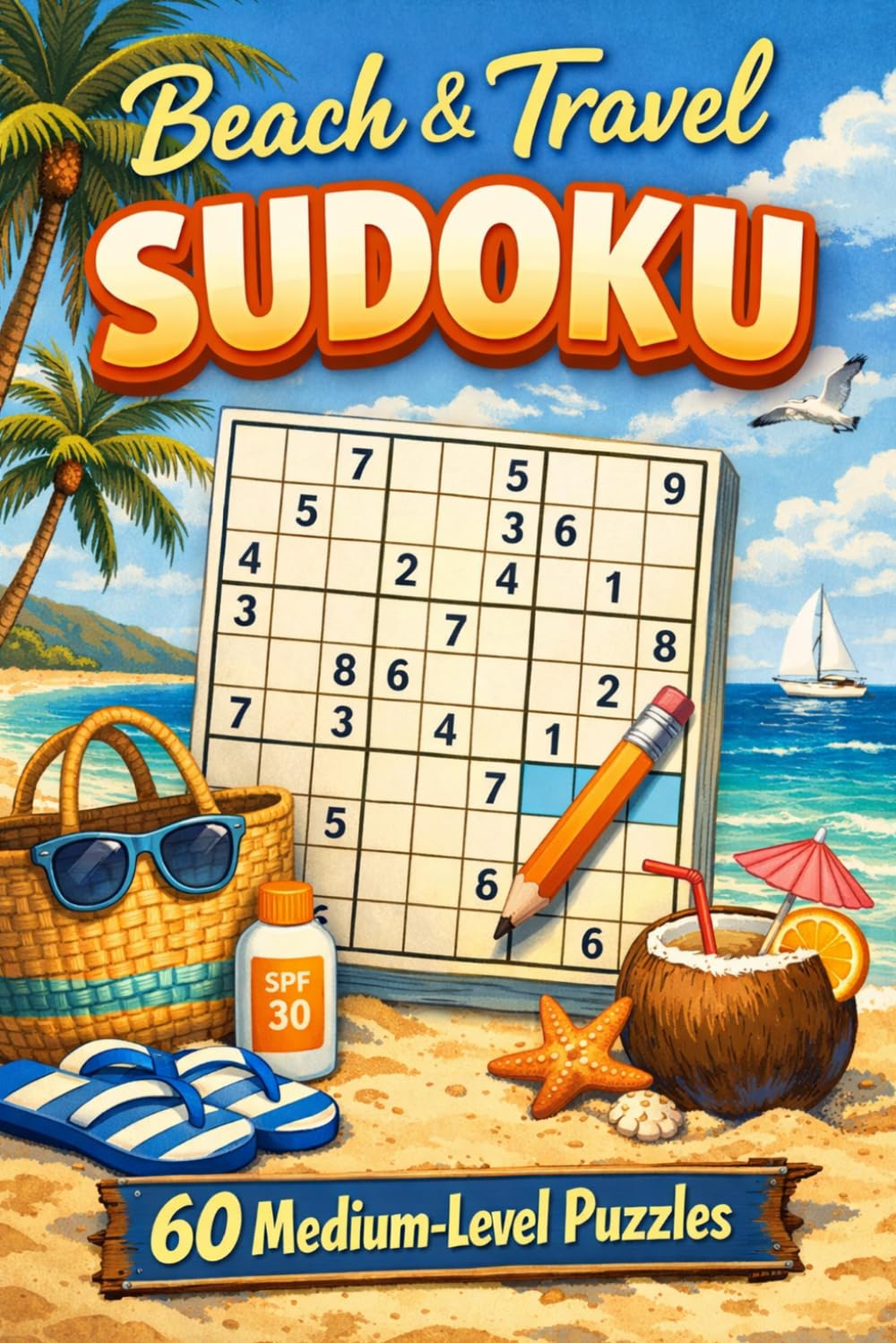 Beach and travel Sudoku. 60 Medium-Level Puzzles: beach, travel, sudoku, solutions included, medium level.