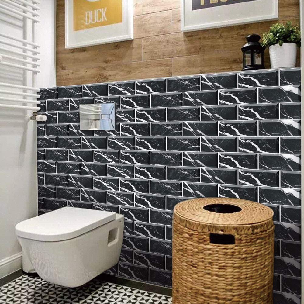 LMYSXAOZ 12/24/48 PCS Tile Stickers Stick on Tiles, Self Adhesive Wall Tiles for Kitchen Bathroom, Oil Proof Peel and DIY Floor Marble 20x10cm (48PCS,Black Marble)