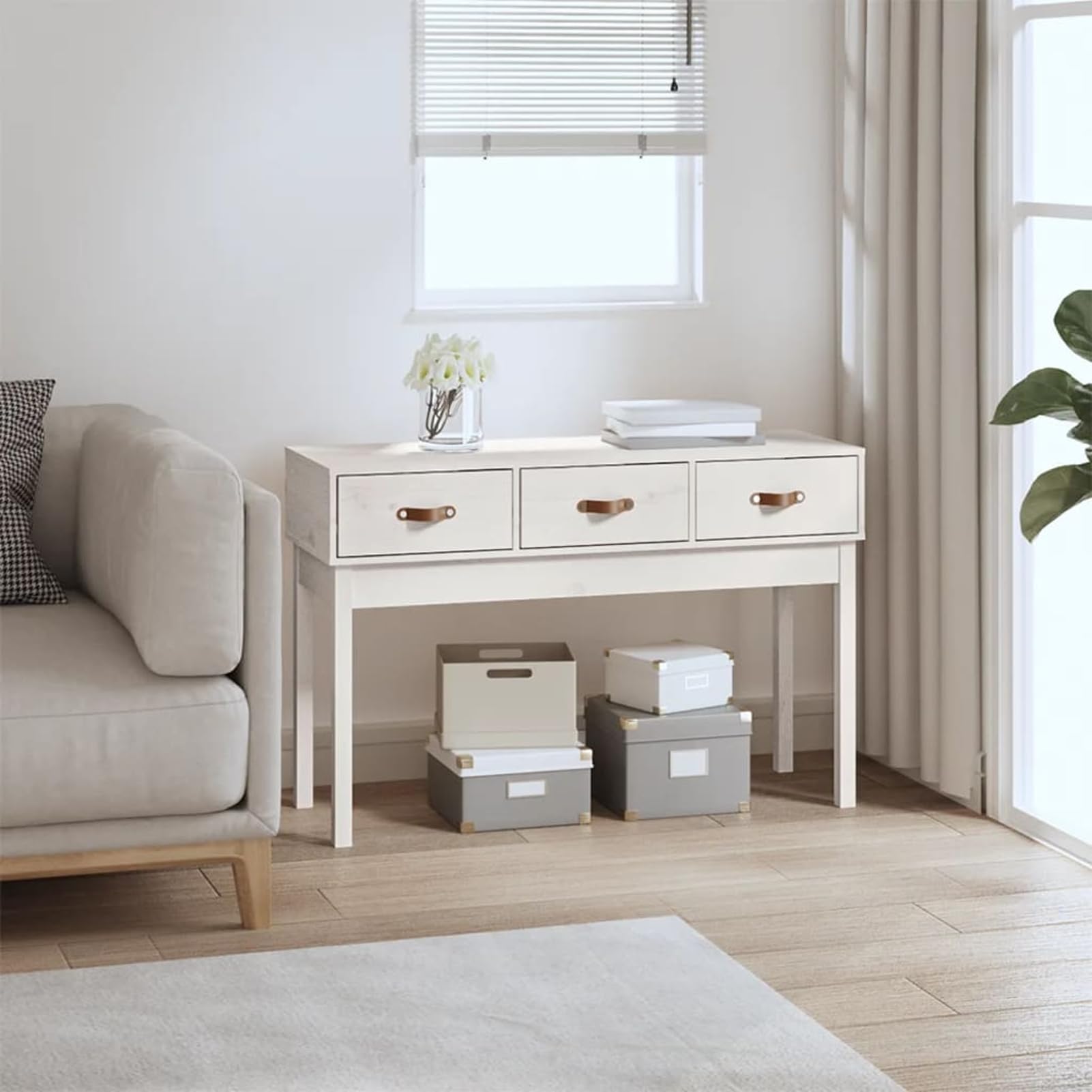 Homgoday Mesa Consola de Madera Maciza de Pino Blanco 114x40x75 cm Mesas auxiliares de salón,Mesa Consola Recibidor Mueble de Entrada Estrecha Clásica