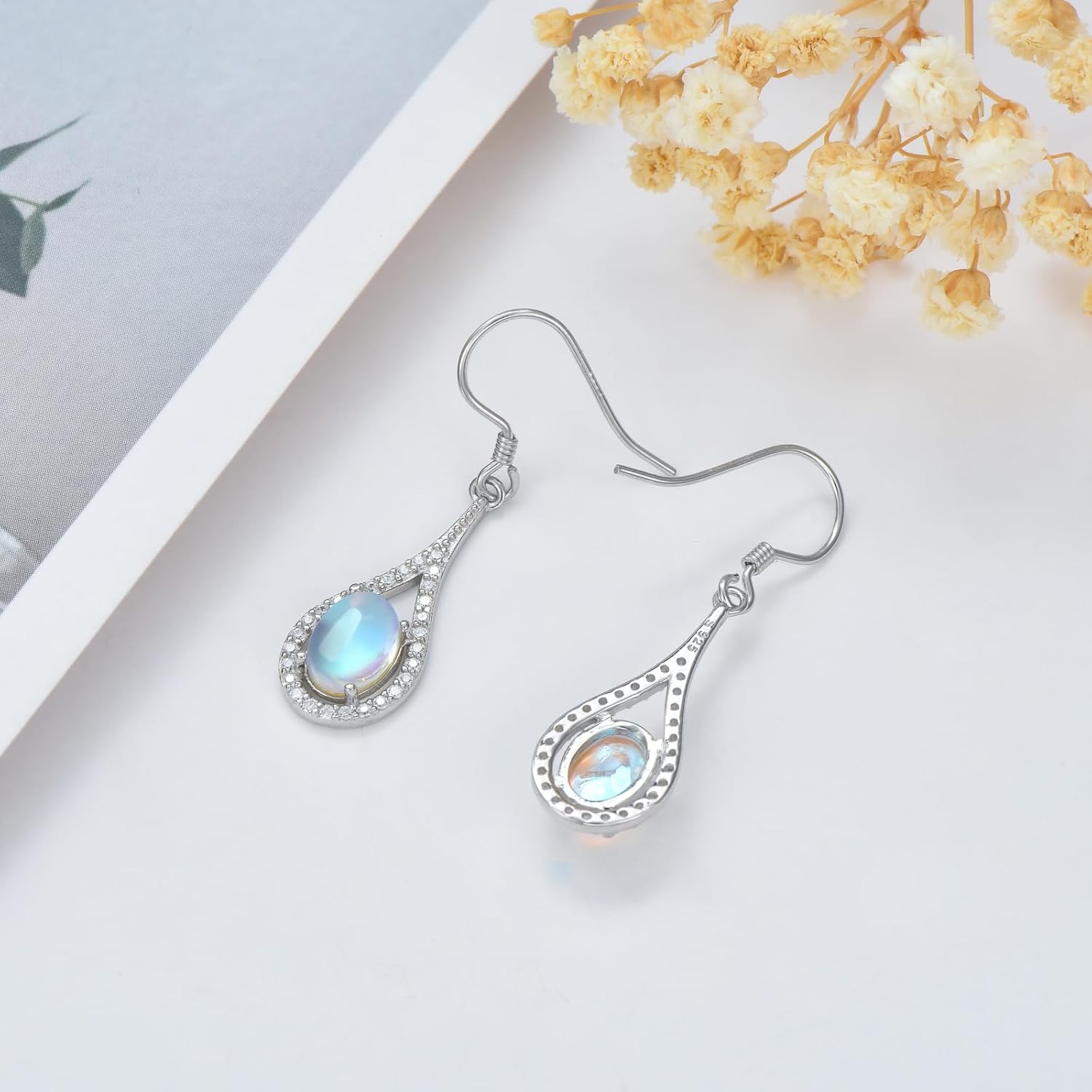 Moonstone Earrings 925 Sterling Silver Hook Earrings Oval Rainbow Moonstone Dangle Drop Earrings Jewelry Gift for Women - Image 4