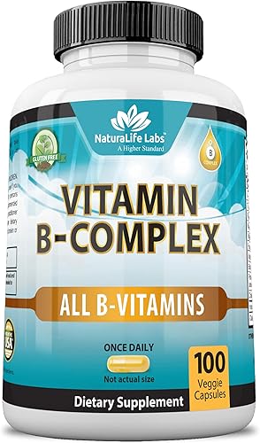 NaturaLife Labs Complejo de vitamina B con vitamina C y ácido fólico – Incluye B1, B2, B3, B5, B6, B7, B9 y B12 – 100 cápsulas, vegano, sin OMG, sin