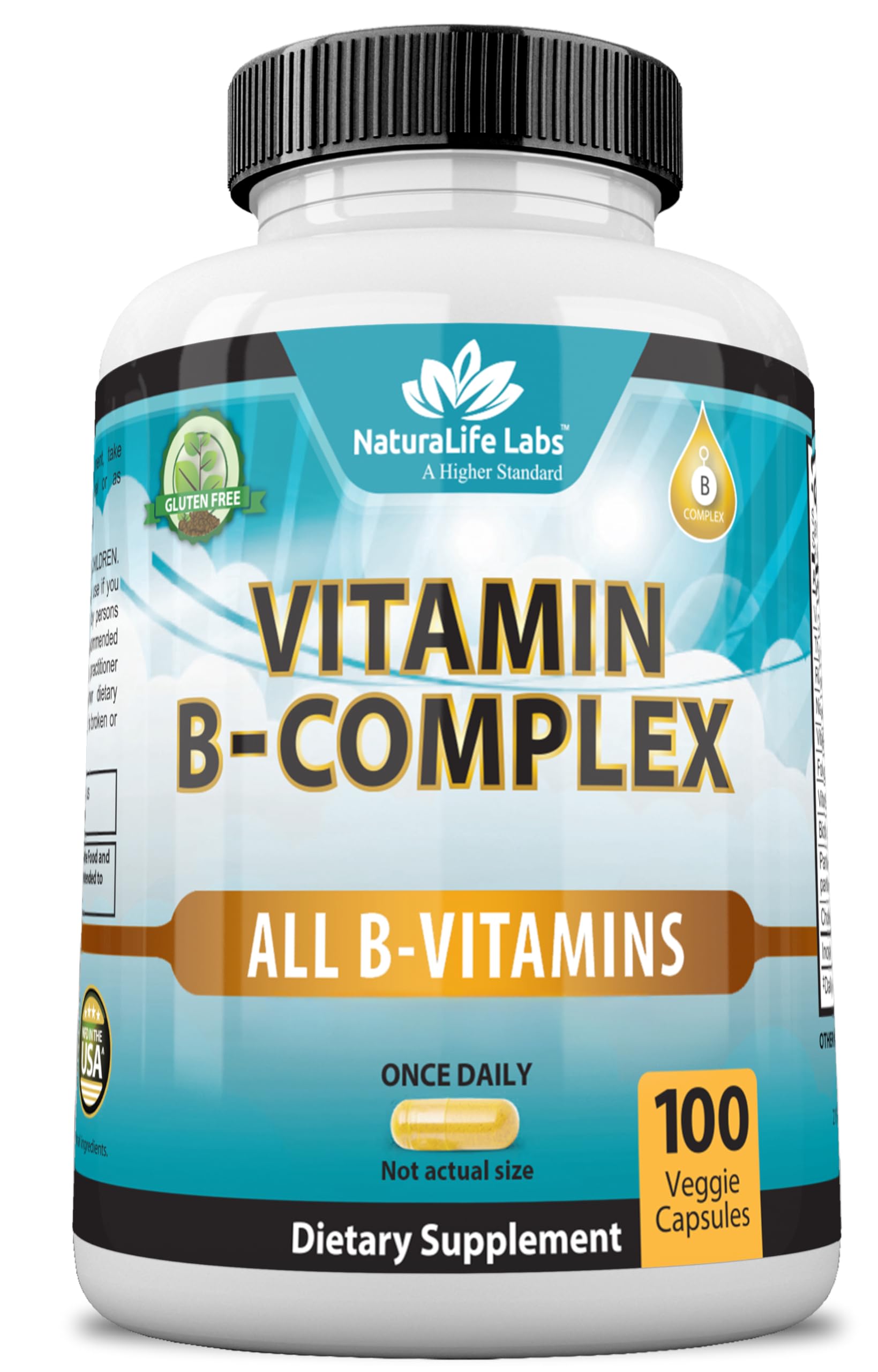NaturaLife LabsVitamin B-Complex with Vitamin C & Folic Acid – Includes B1, B2, B3, B5, B6, B7, B9 & B12 – 100 Capsules, Vegan, Non-GMO, Gluten Free