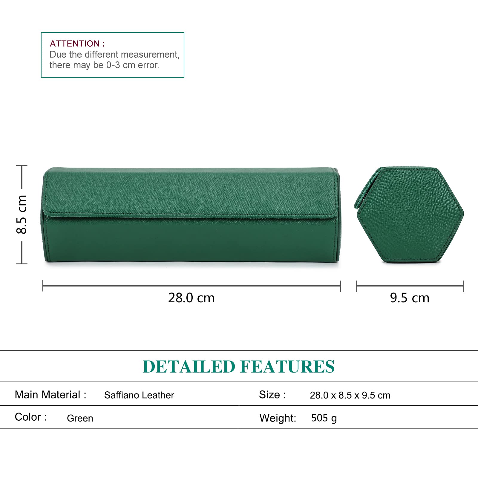 Hiram Estuche enrollable para relojes hexagonales, en auténtica piel, para 4 relojes, estuche de viaje para relojes, organizador protector para relojes de pulsera
