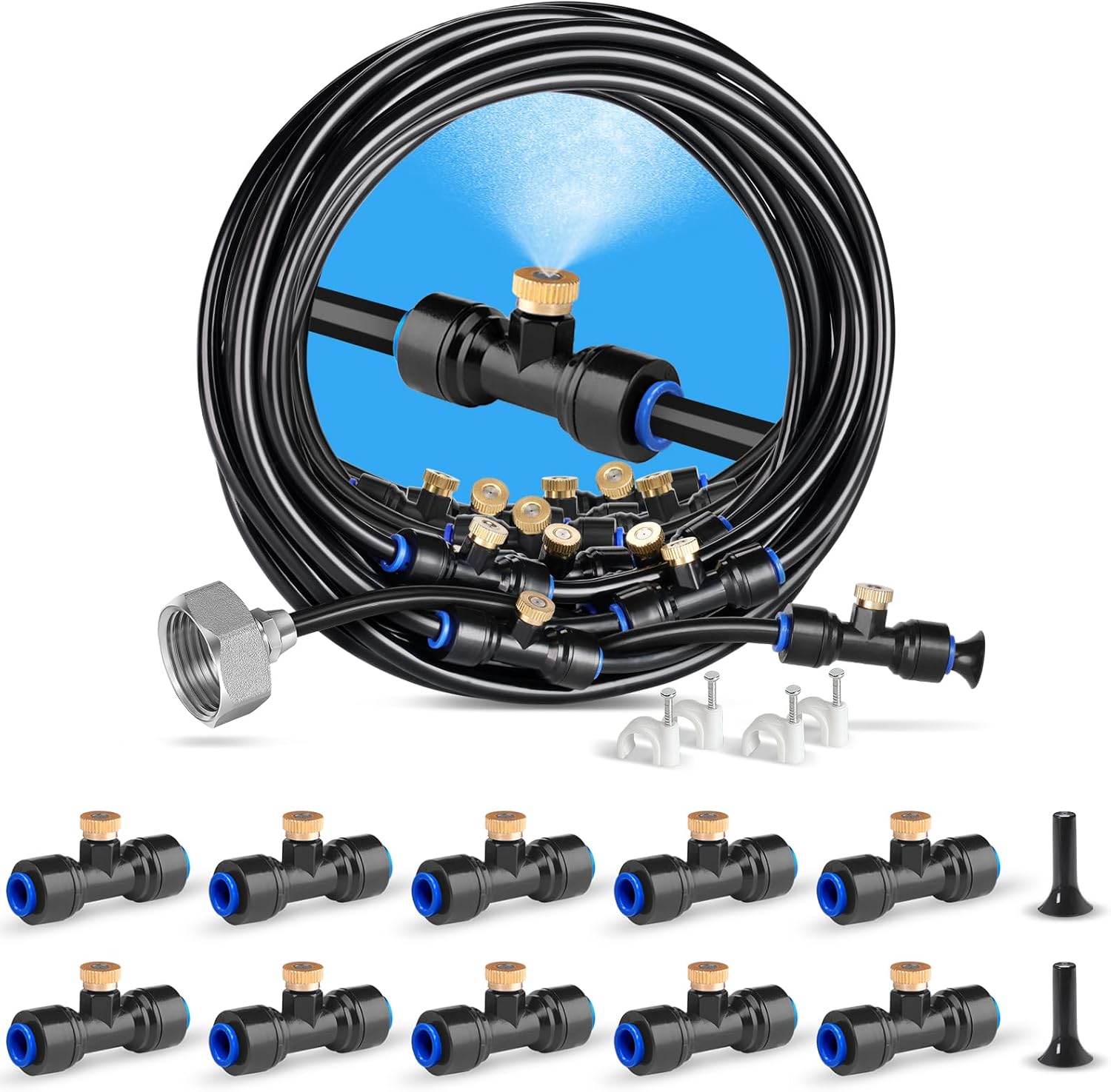homenote Misting Cooling System, 75FT (23M) Misting Line + 28 Brass Mist Nozzles + Brass Adapter(3/4") + 10Pack Brass Nozzles, Outdoor Mister for Patio Garden Greenhouse