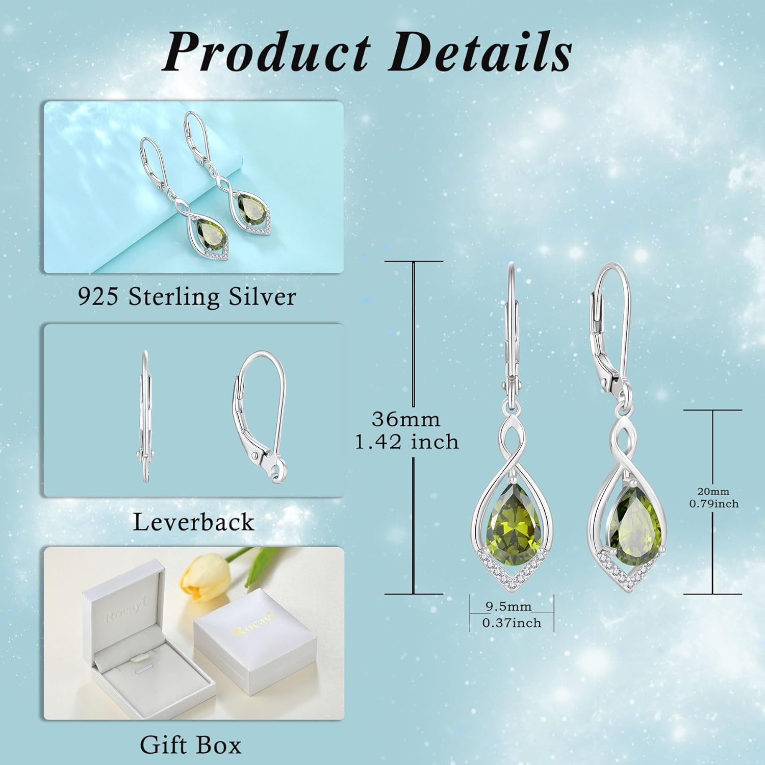 Infinity Teardrop Earrings 925 Sterling Silver Dangle Drop Leverback Earrings Birthstone Jewelry for Women - Image 6