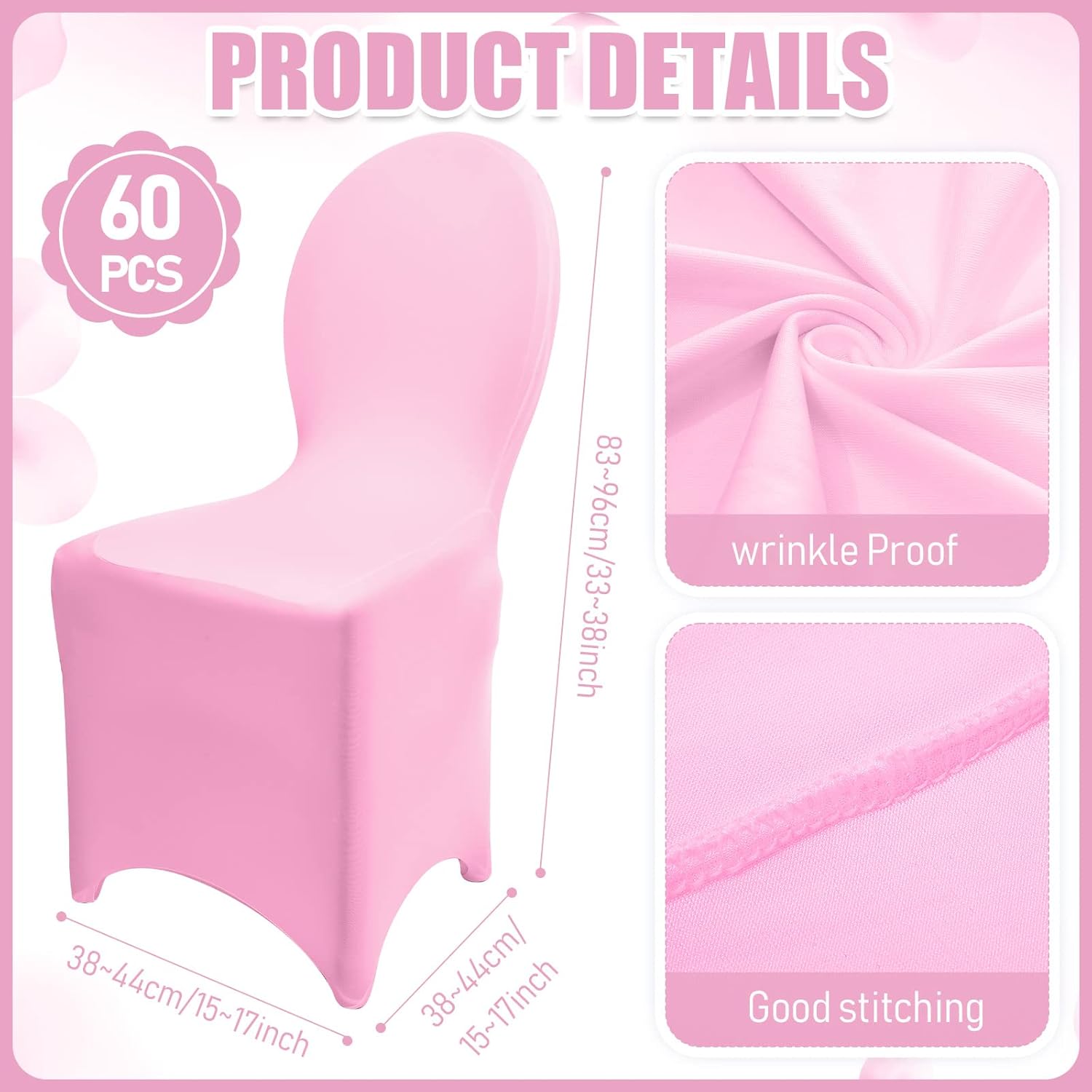 Macarrie 60 Pcs Chair Covers Wedding Seat Slipcovers Polyester Spandex Folding Chair Covers for Wedding, Banquet Party, Celebration Event, Dining Room, Living Room(Pink)