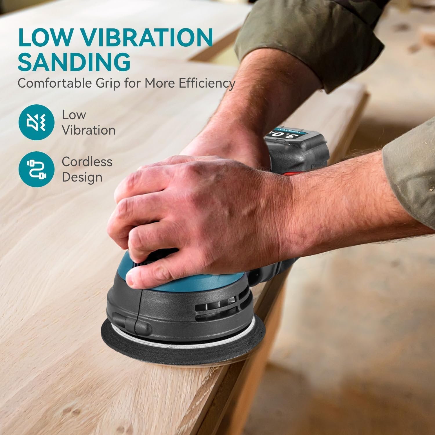 Lucidatrice a batteria - lucidatrice per legno, motore senza spazzole, 500w, levigatrice rotorbitale per legno, con 2 batteria al litio da 21V 2000mAh , 6 velocità variabile 10700RPM max, base 125mm
