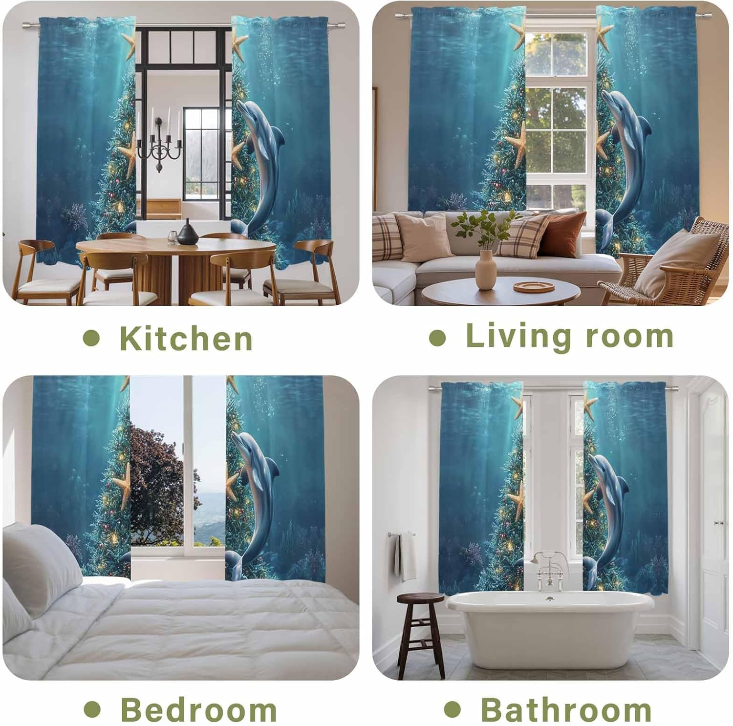Christmas Window Curtains 72 Inch Long 2 Panel Set,Rod Pocket Long Curtains & Drapes,Winter Ocean Pine Tree Starfish Coral Dolphin Light Filtering Window Treatment for Bedroom Living Room 52"W x 72"L