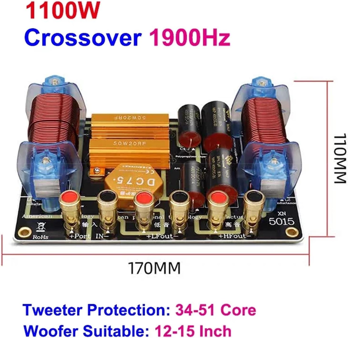1PCS 2-Way 1800W Professional Speaker Frequency Divider 2100Hz Stage Tweeter Protection 2 Unit High Power Audio Crossover Filter(1100W)