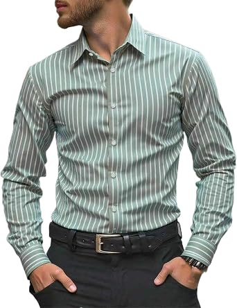 Mens Long Sleeve Plaid/Striped Shirts Casual Dress Shirt