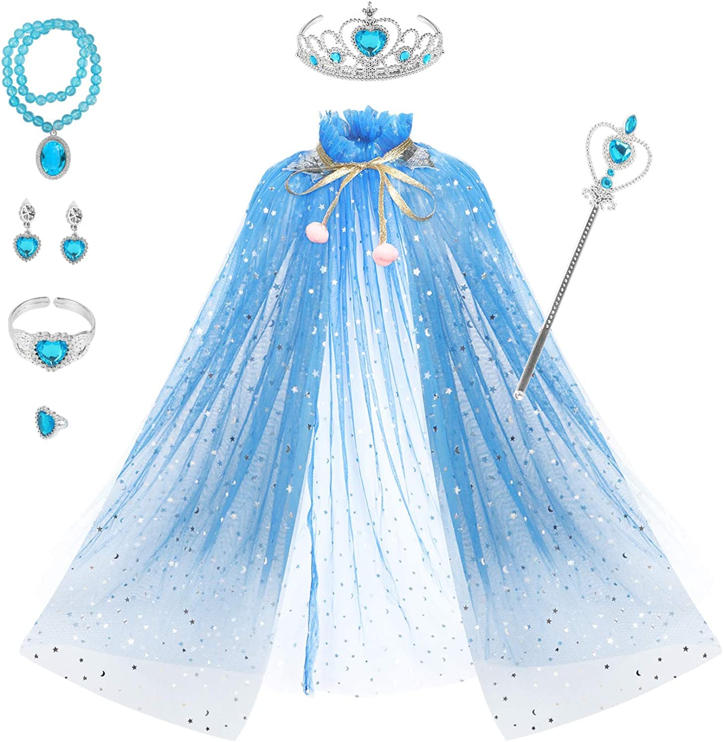 jaffiust 7 Pcs Princess Cape Set, Girls Princess Cloak with Tiara Crown, Crown Wand Gloves Necklace Earrings Wand for Little Girls Dress up (Blue)