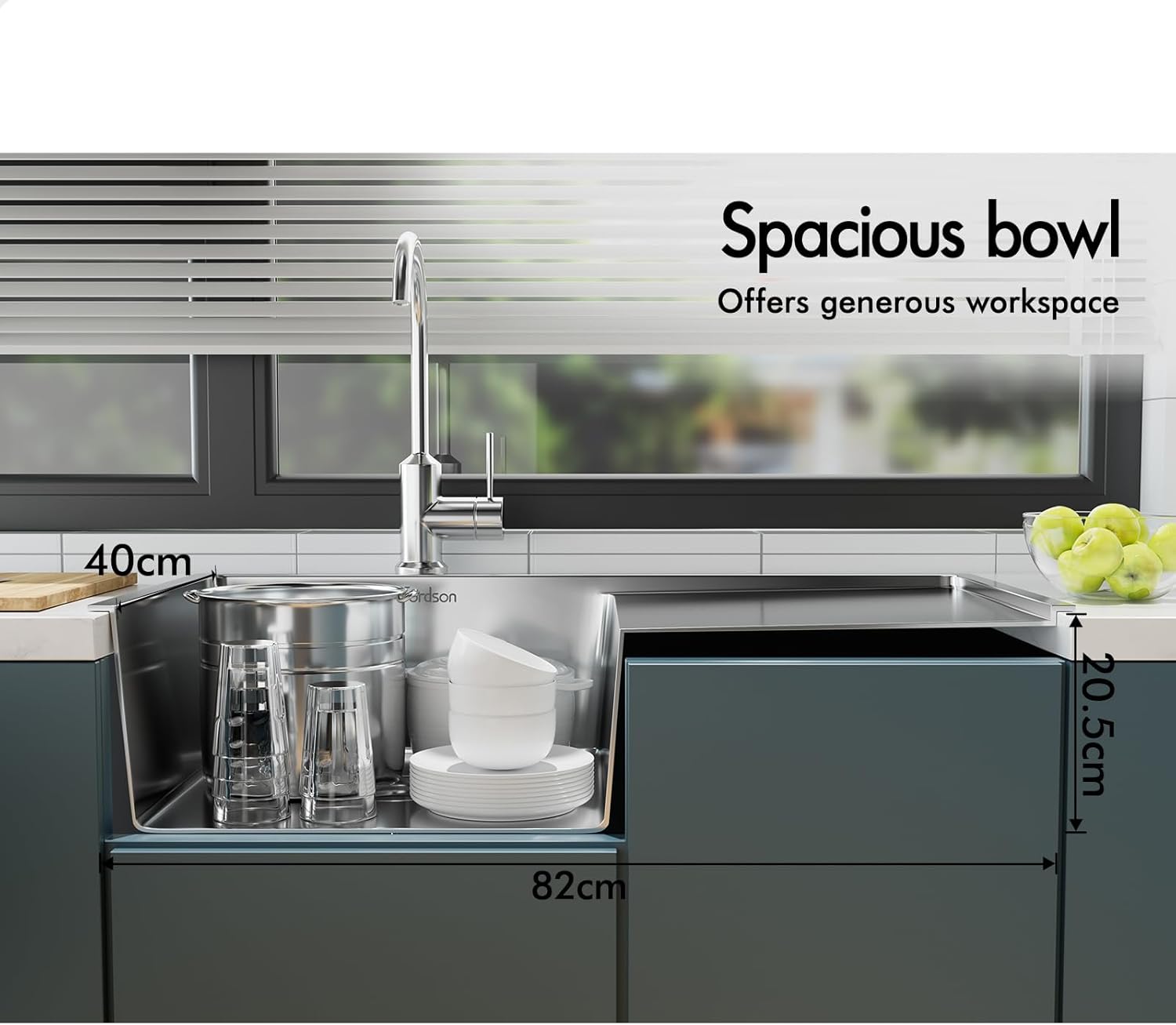 Kitchen Sink Single Bowl with Waste Strainer & Drainboard, 870x 450x 205mm, 304 Stainless Steel Water Basin Sinks with 3mm Thick Edge in Silver