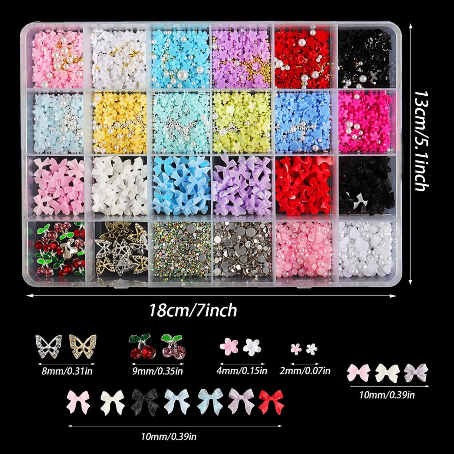 3200PCS 3D Nail Charms Set – Bulk Bow Nail & Flower Nail Charm, Flatback Pearls, Shiny Nail Jewels Gems for DIY Nail Art Decoration with Pickup Tools