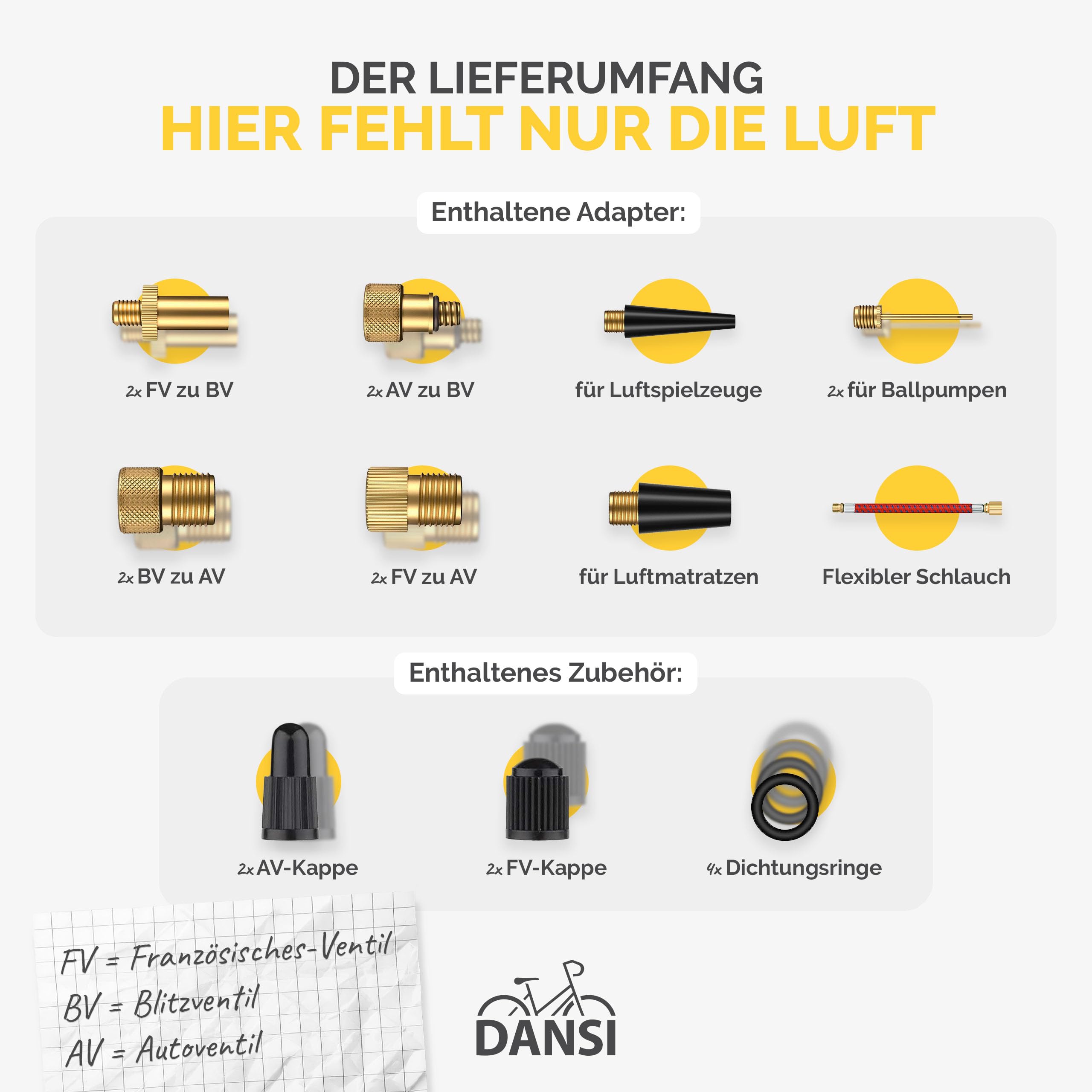 DANSI Set di 21 adattatori per valvola della bicicletta, con guarnizione e tappi per palloni da bicicletta, adattatore universale per valvole per pompe e compressori, soluzione all-in-one per