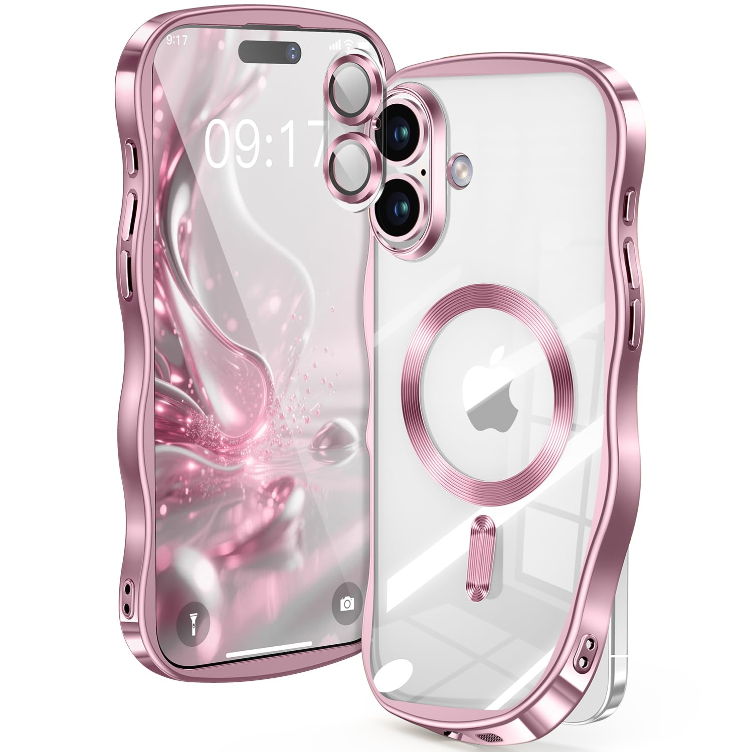 【米軍進化耐久・CDリング・キュートなウェーブエッジ】iPhone 17 ケース 【カメラ全面保護】【MagSafe対応】カメラフィルム 強力マグネット 衝撃吸収 TPU+PC メッキ加工 ソフト 黄ばみ防止 クリアケース iPhone 17 6.3インチ 男女兼用 (ピンク)