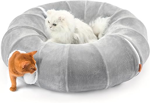 Cat Tunnel Bed for Indoor Cats, XL Donut Tunnels, 35.5 Inch, Grey