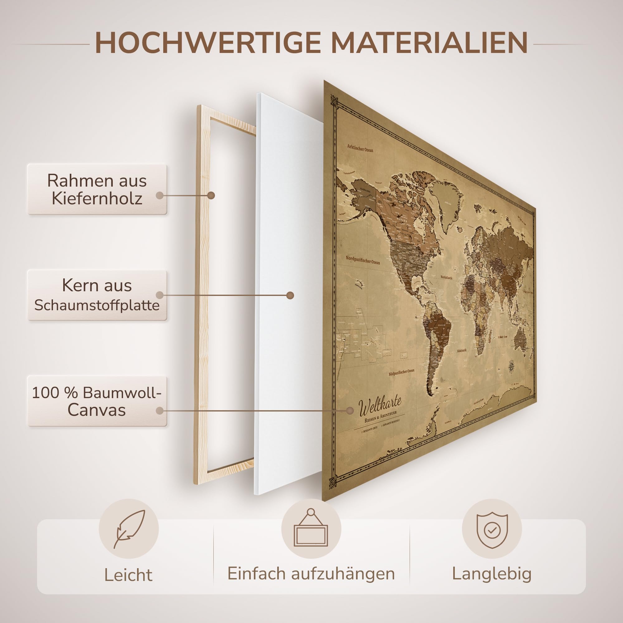 Generisch Personalisierbare Leinwand aus Weltkarte Motiv mit Rückwand-Pinnwand, perfekt für Reisende und als Wanddekoration, Dekorative Leinwandbilder, inkl. 100 Pins (Design 3, 120x80cm)