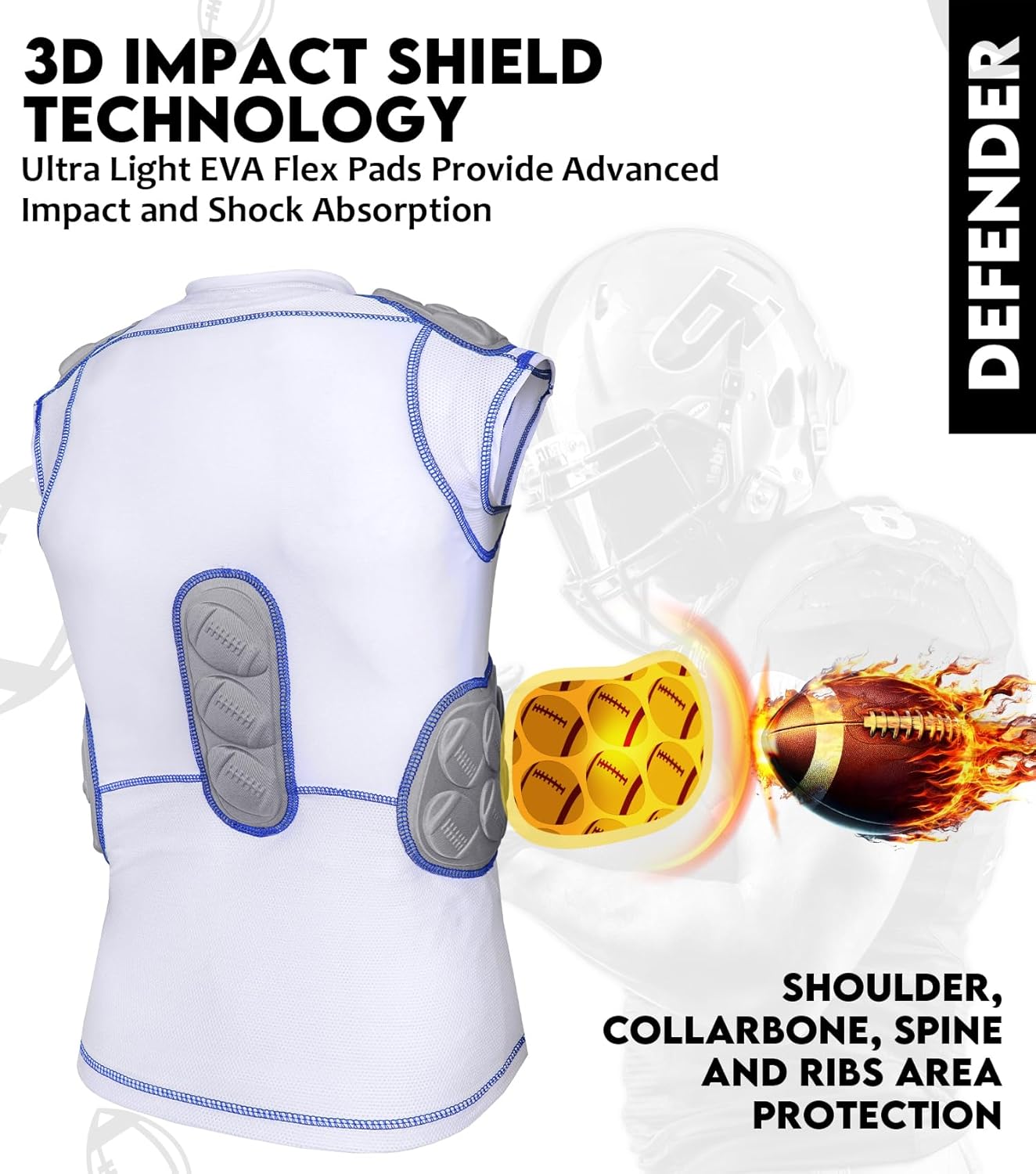 Exxact Sports Defender Youth Padded Football Shirt - Football Rib Protector with Shoulder & Spine Pads, 5-Pad Football Compression Shirt